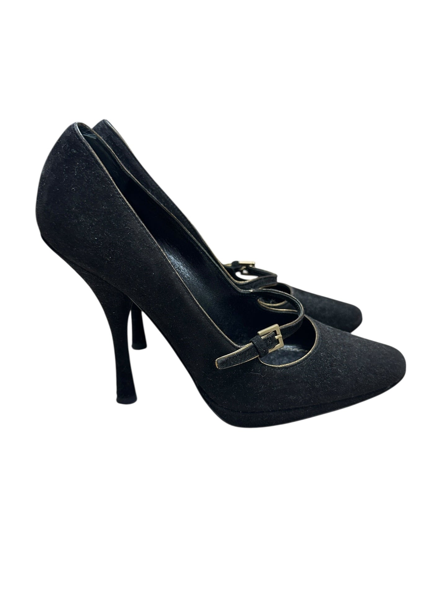 LOUIS VUITTON Suede High Heel Pumps Black Gold Hardware | Authentic Pre-Owned Luxury