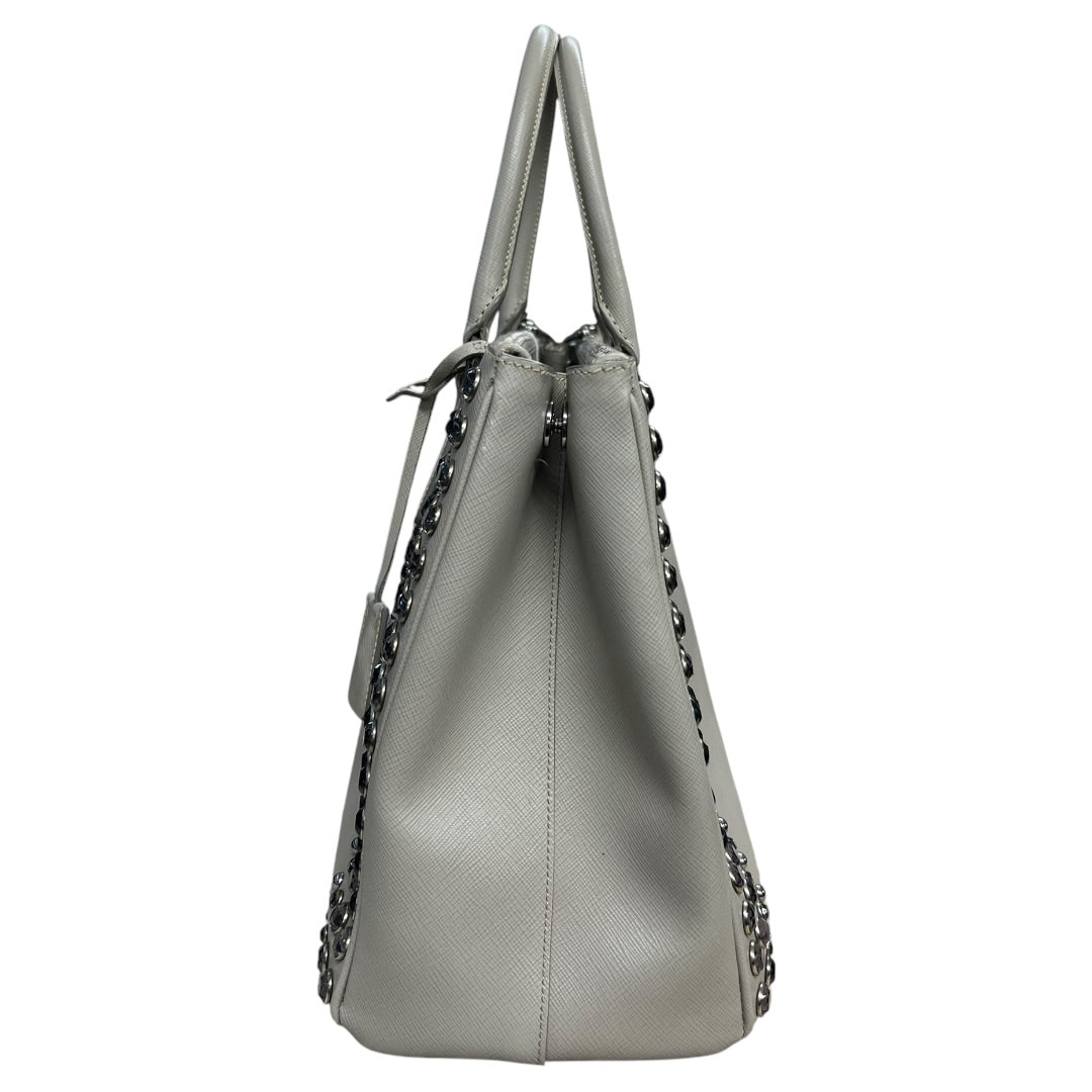 PRADA Saffiano Studded Galleria Tote Handbag Light Gray Silver Hardware | Authentic Pre-Owned Luxury