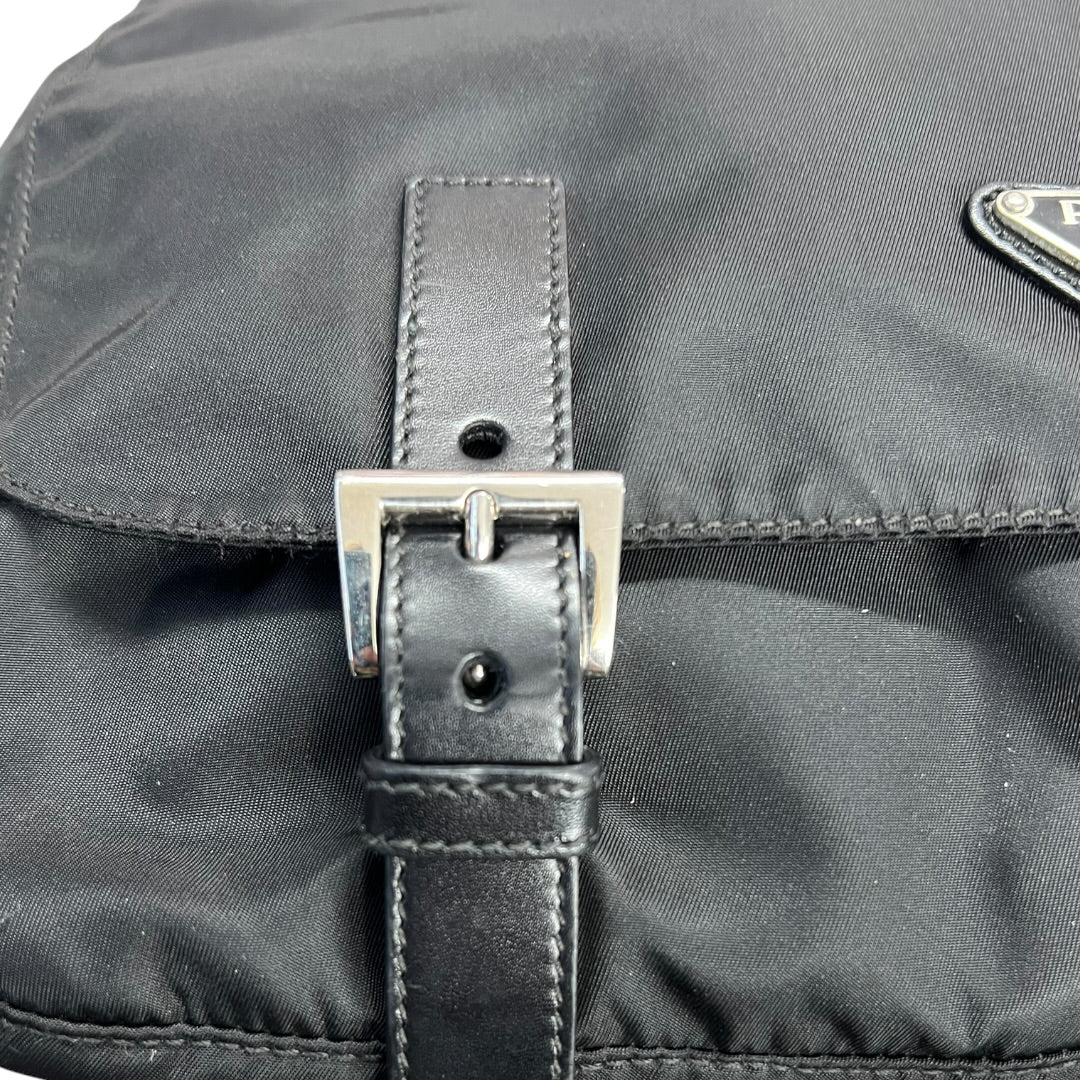 PRADA Tessuto Nylon Messenger Crossbody Bag Black Silver Hardware | Authentic Pre-Owned Luxury