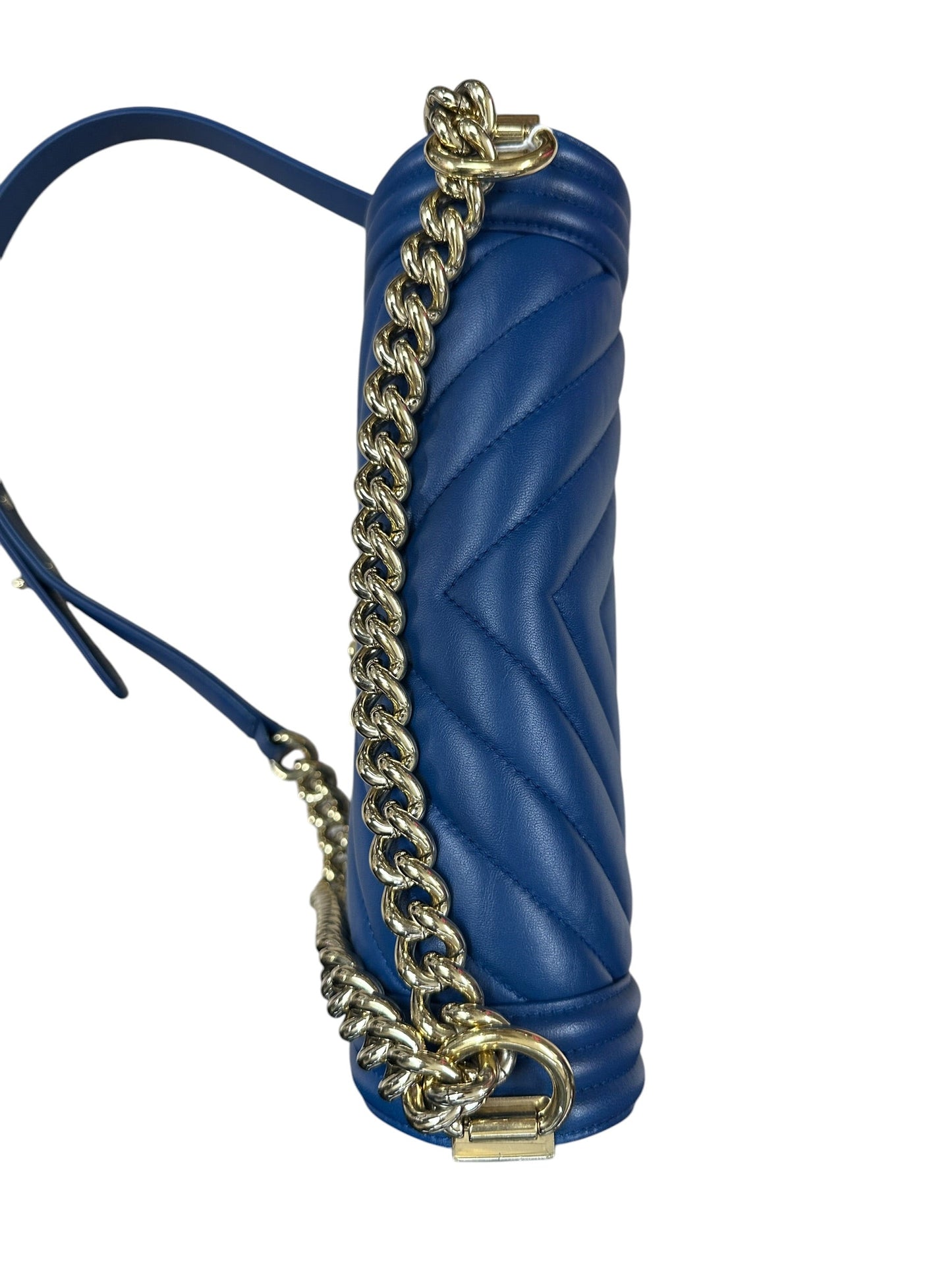CHANEL Lambskin Boy Bag Old Medium Chevron Flap Blue Gold Hardware | Authentic Pre-Owned Luxury