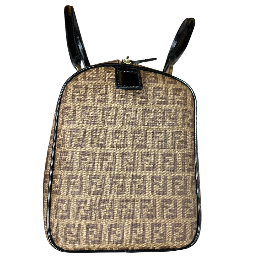 FENDI Zucchino Canvas Boston Handbag Brown Patent Trim Gold Hardware | Authentic Pre-Owned Luxury