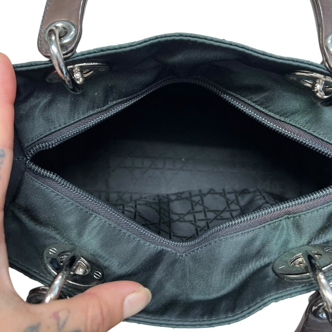 CHRISTIAN DIOR Nylon Lady Dior Handbag Dark Green with Metallic Brown handles Silver Hardware | Authentic Pre-Owned Luxury