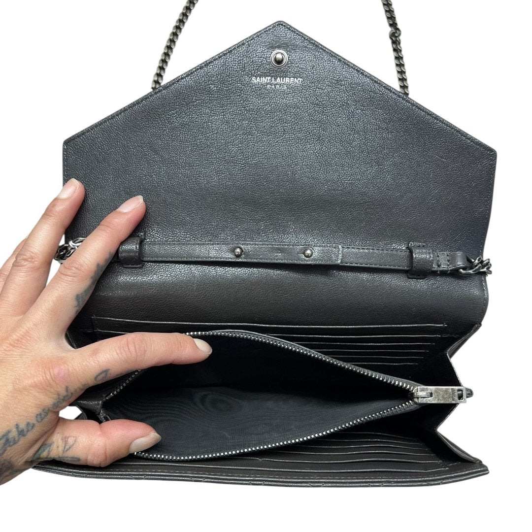 SAINT LAURENT Quilted Grain Leather Monogram Envelope Wallet on Chain Black Silver Hardware | Authentic Pre-Owned Luxury