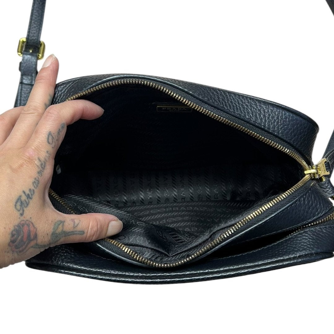 PRADA Vitello Daino Double Zip Crossbody Bag Crossbody Bag Black Gold Hardware | Authentic Pre-Owned Luxury