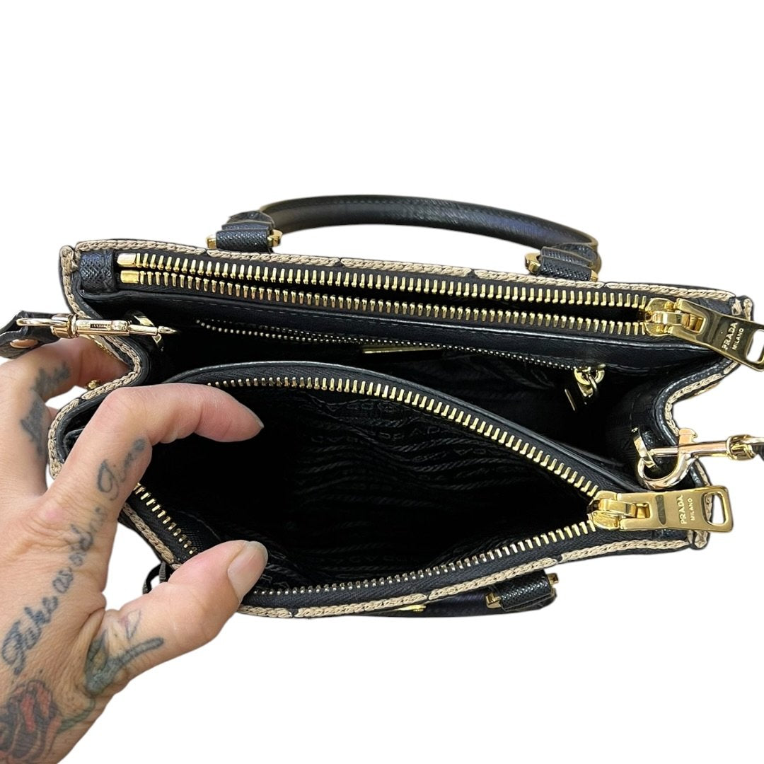 PRADA Jacquard Triangle Symbole Jacquard Triangle Mini Tote Handbag Black and Beige Gold Hardware | Authentic Pre-Owned Luxury