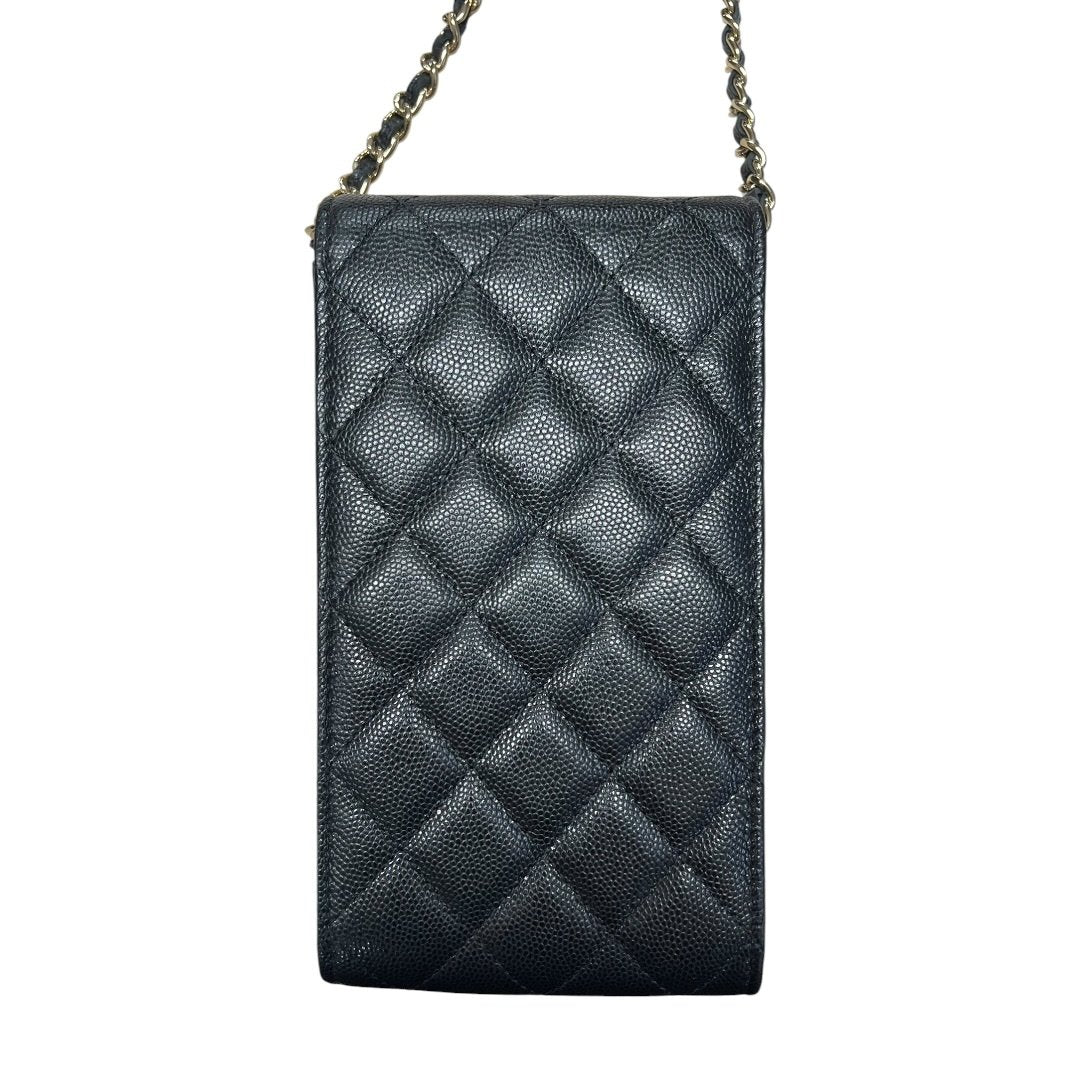 CHANEL Caviar Phone Holder with Airpods Pouch Crossbody Bag Black Crystal-embellished Gold Hardware | Authentic Pre-Owned Luxury