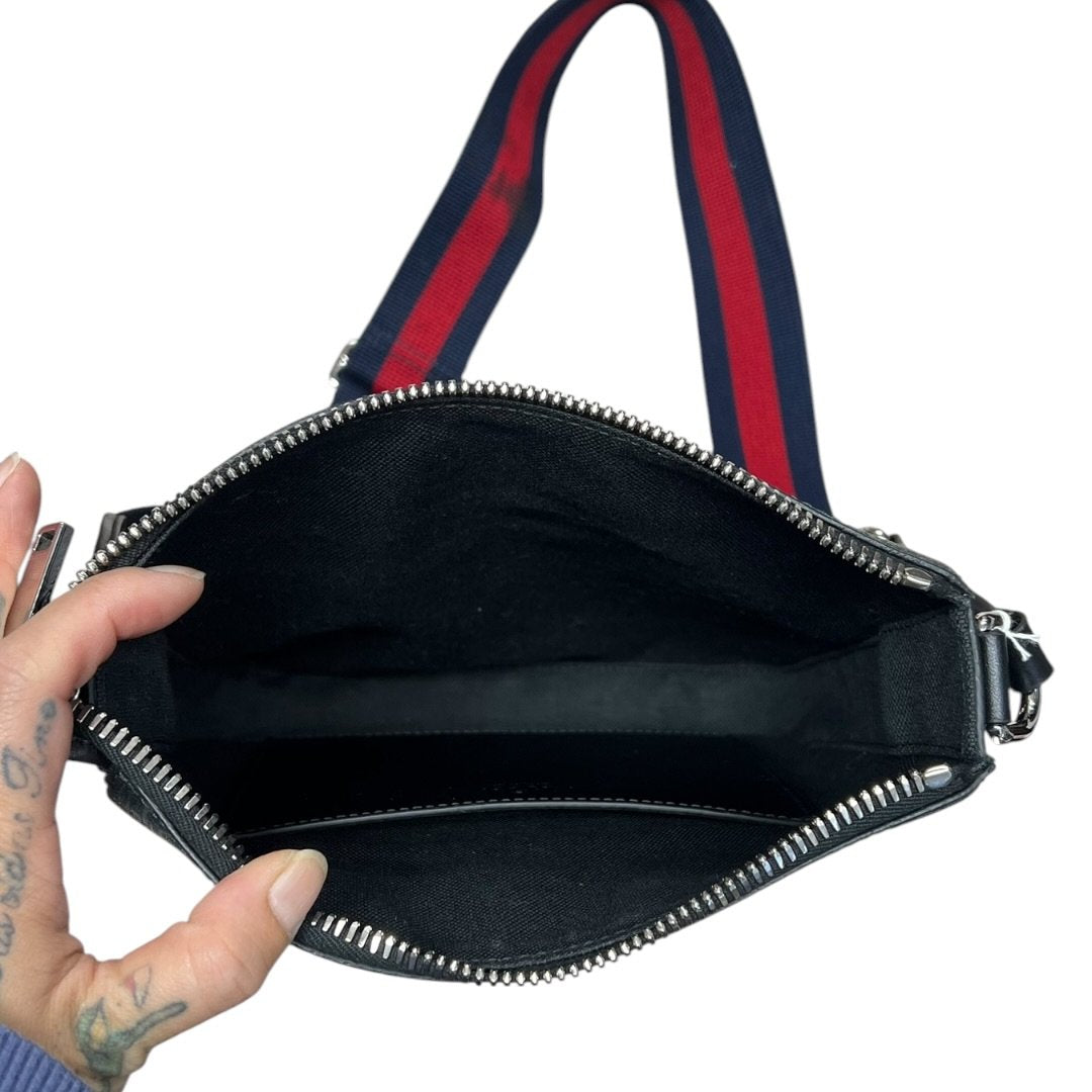 GUCCI GG Supreme Canvas GG Supreme Messenger Bag Shoulder Bag Grey/Black with Red and Blue Strap Silver Hardware | Authentic Pre-Owned Luxury