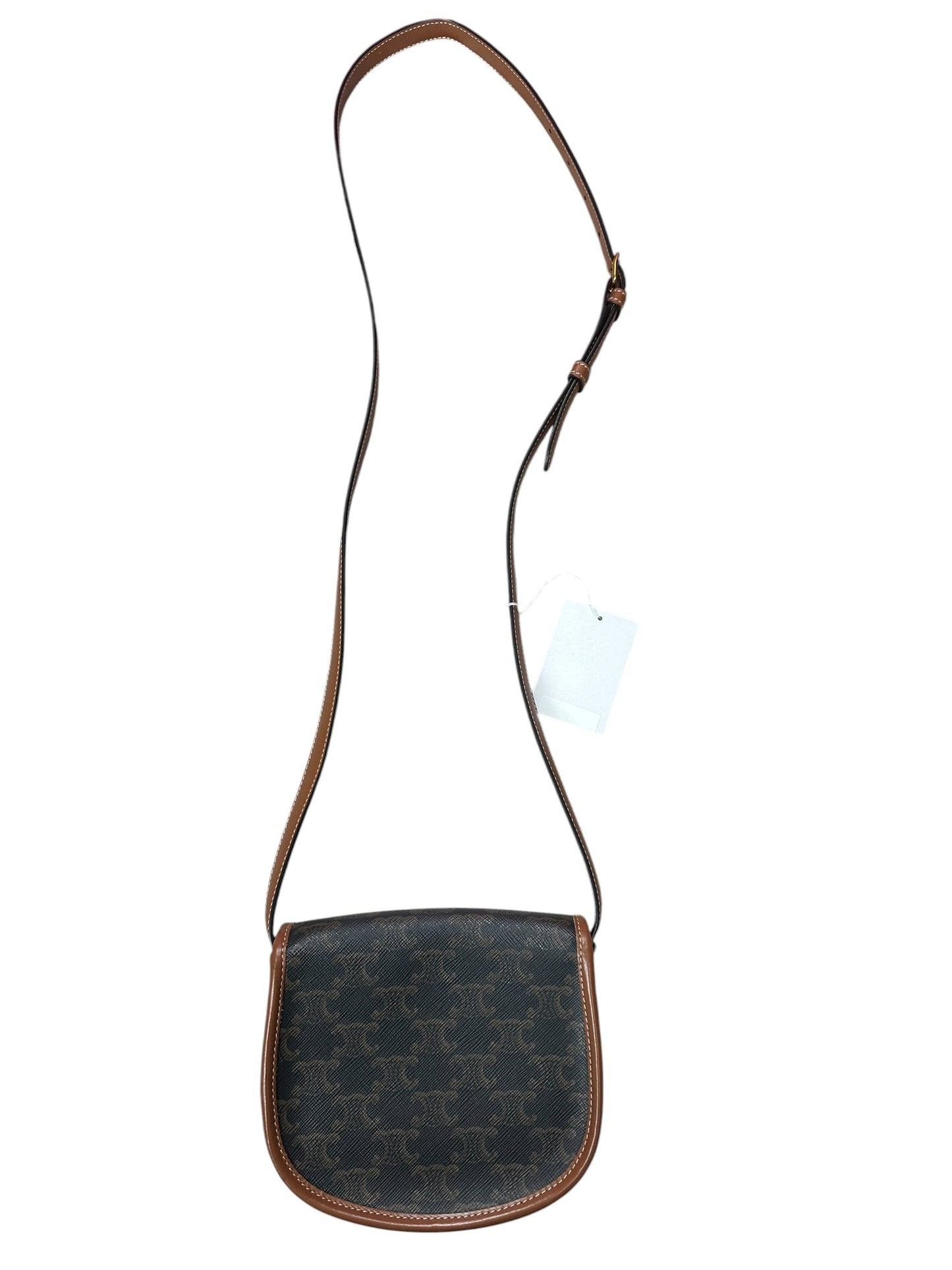 CELINE Triomphe Canvas Folco Saddle Bag Mini Black Tan Gold Hardware