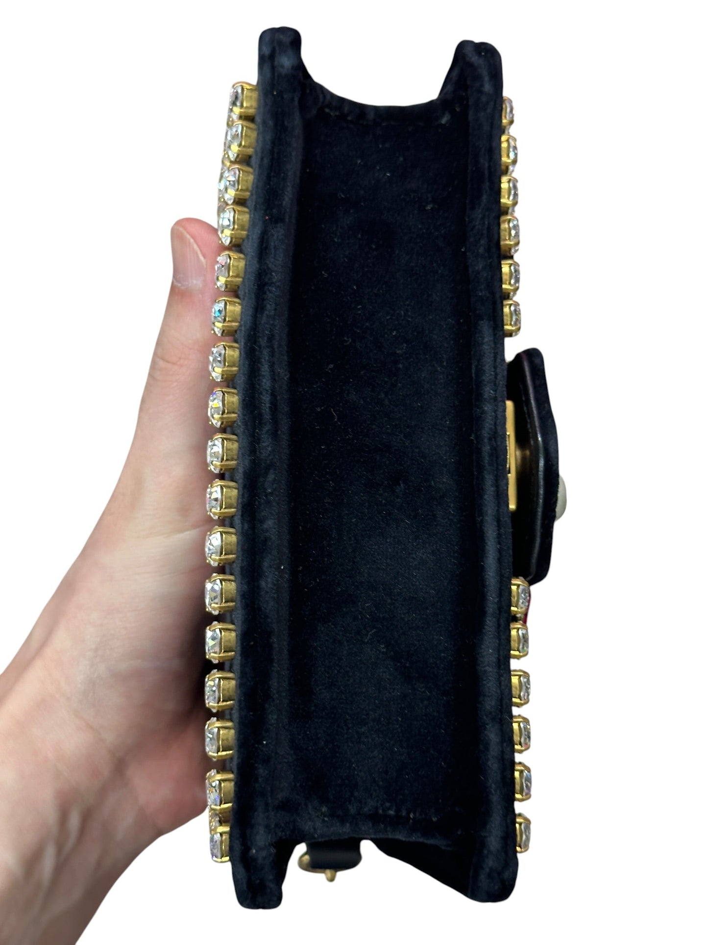 GUCCI Broadway Velvet Bee Crystal Mini Shoulder Bag Black Gold Hardware