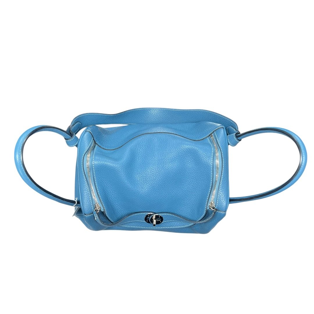 HERMES Clemence Lindy Shoulder Bag Blue Silver Hardware | Authentic Pre-Owned Luxury