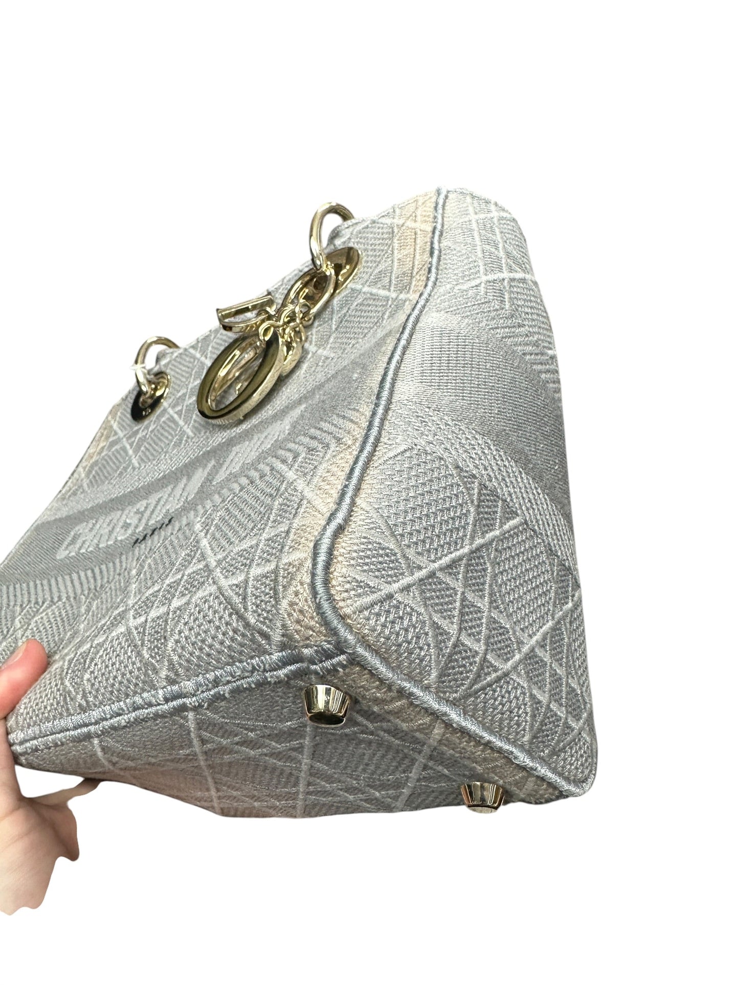 Christian Dior Cannage Embroidered Canvas Lady D-Lite Medium Handbag Gray Gold Hardware | Authentic Pre-Owned Luxury