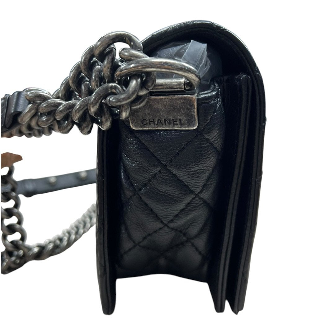CHANEL Aged Calfskin Boy Bag Shoulder Bag Black Aged Silver Hardware | Authentic Pre-Owned Luxury