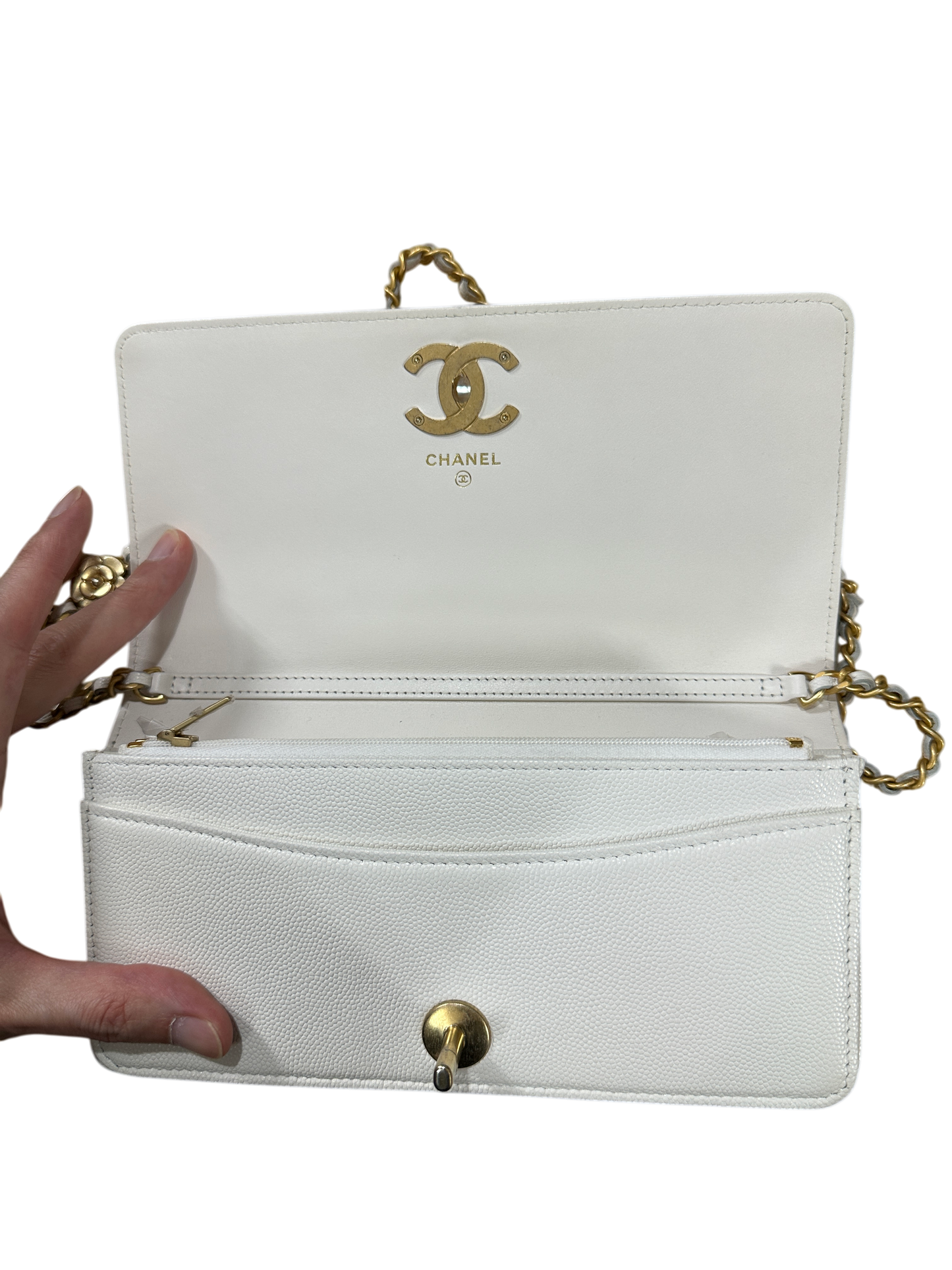 T-Family Chanel Matelasse 21 Camellia CC Wallet on Chain WOC White Caviar Leather Gold Hardware - | Authentic Pre-Owned Luxury