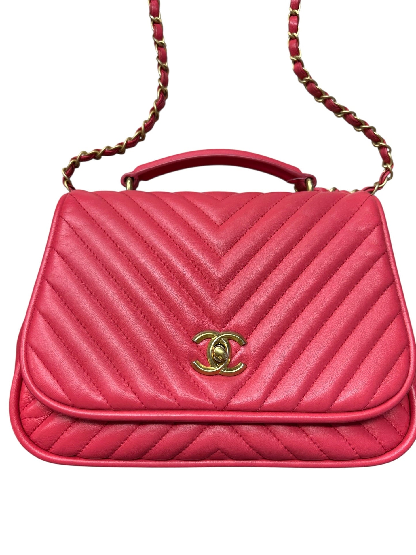 CHANEL Chevron Top Handle Flap Bag Leather Pink | Authentic Pre-Owned Luxury
