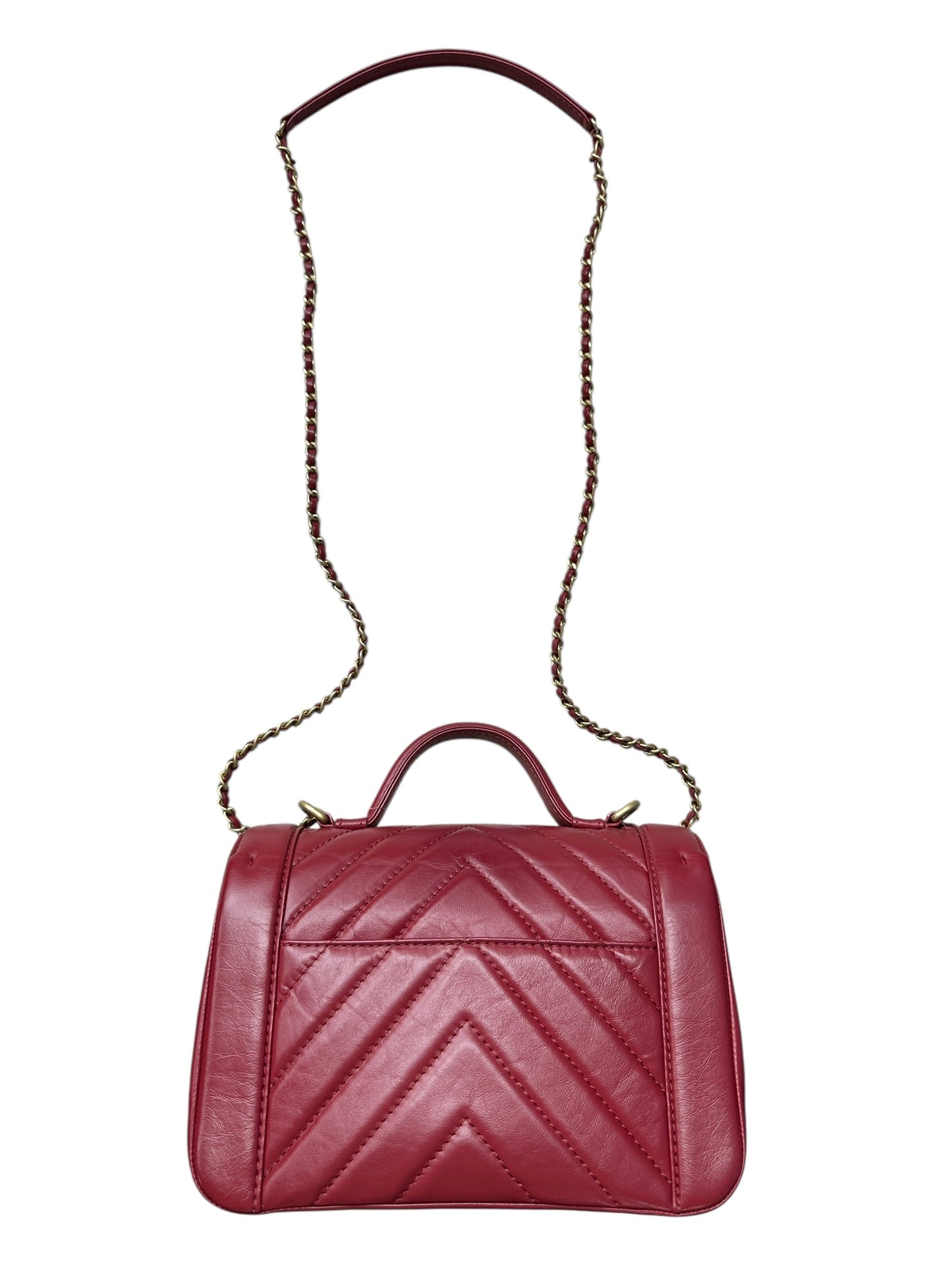 CHANEL Chevron Top Handle Flap Bag Leather Red | Authentic Pre-Owned Luxury