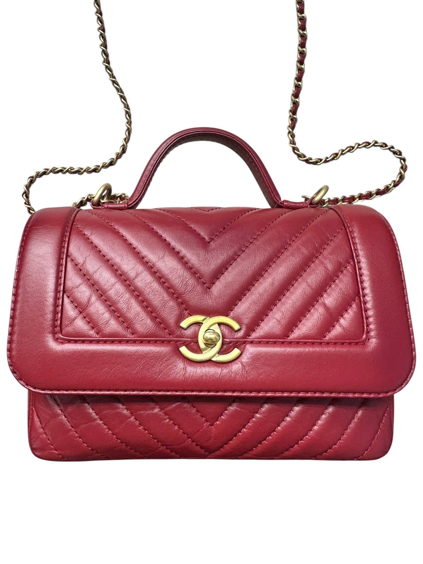 CHANEL Chevron Top Handle Flap Bag Leather Red | Authentic Pre-Owned Luxury