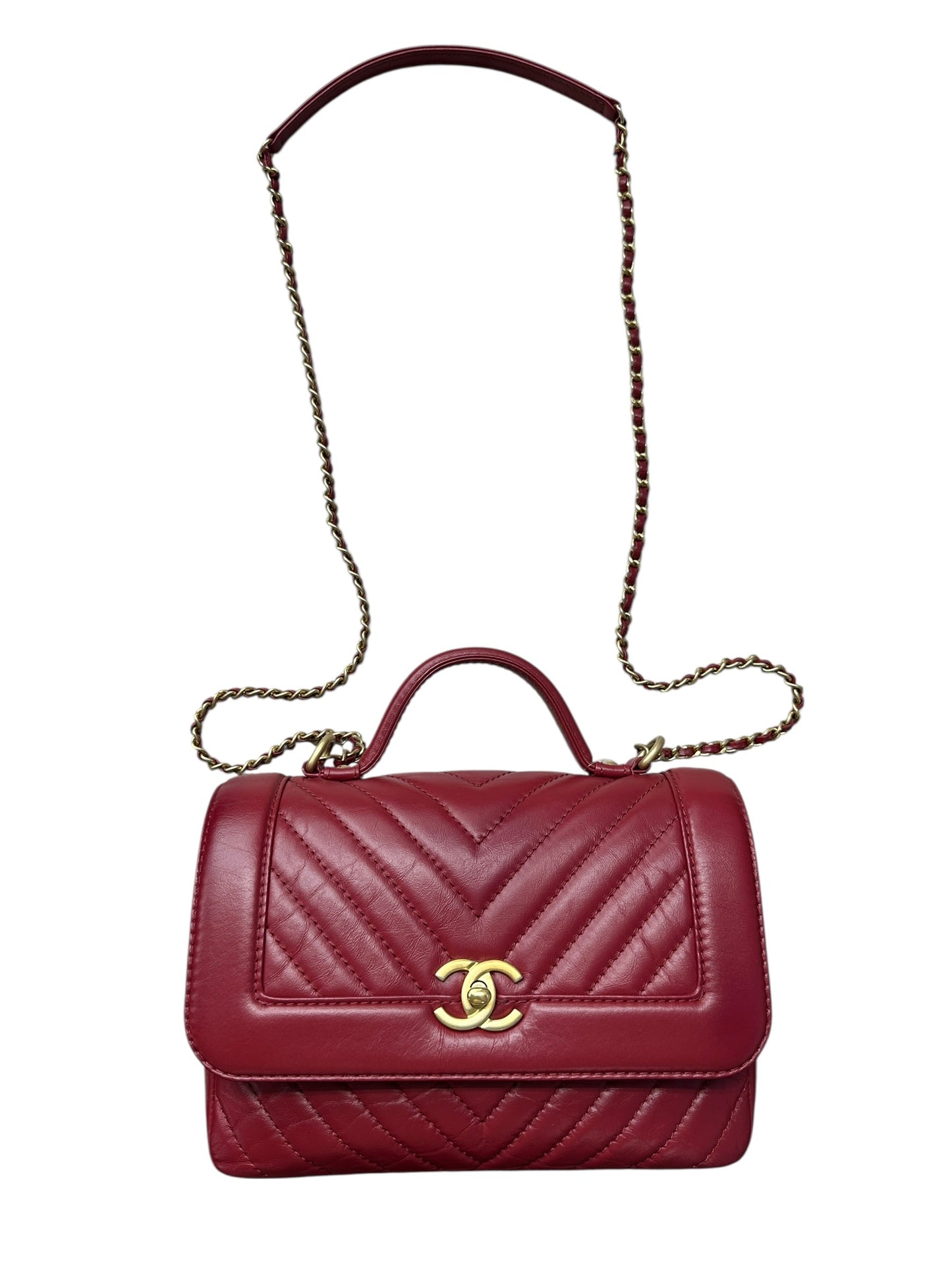 CHANEL Chevron Top Handle Flap Bag Leather Red | Authentic Pre-Owned Luxury