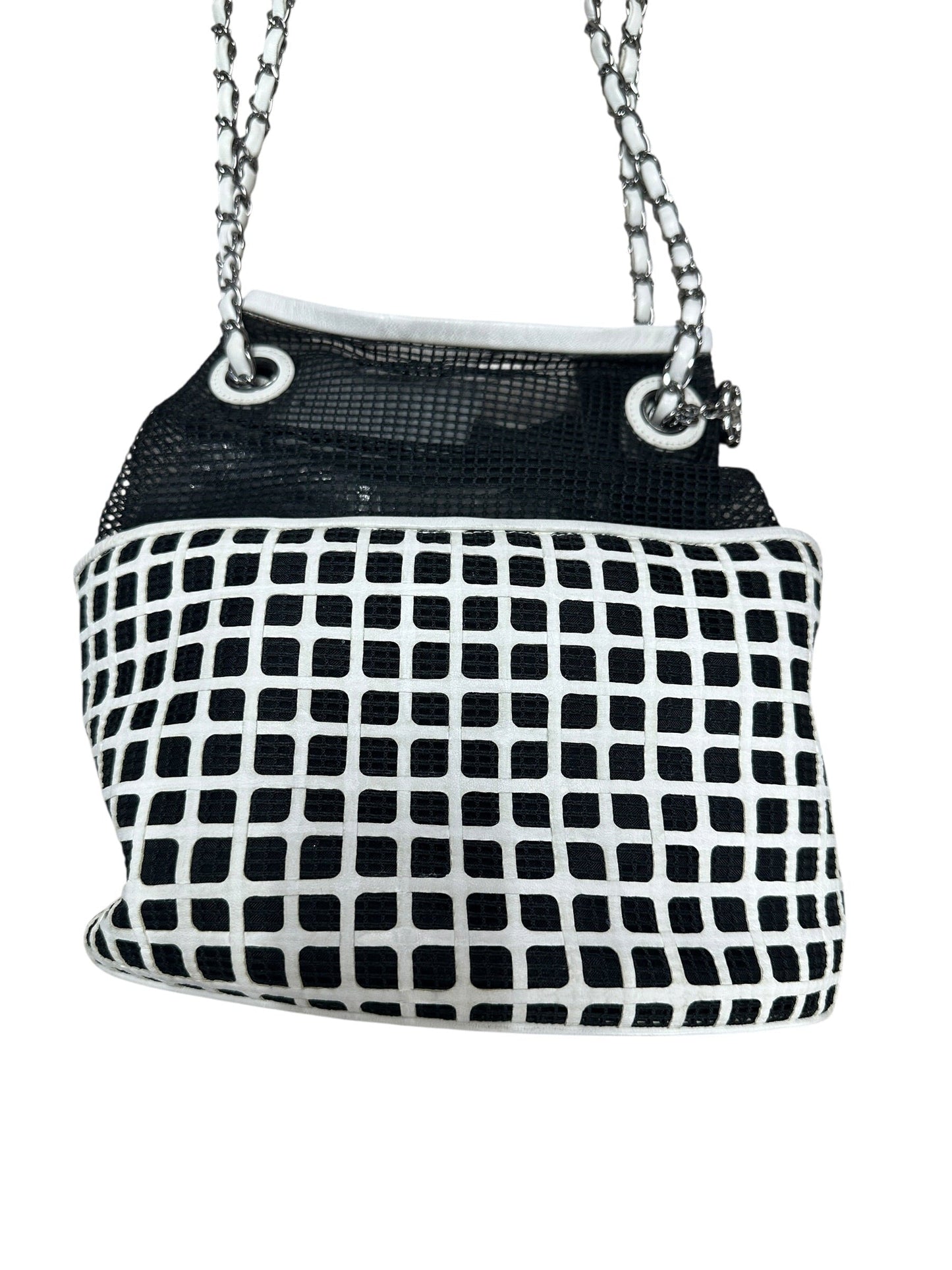 CHANEL Mesh and Leather Grid Bucket Bag Black White Silver Hardware | Authentic Pre-Owned Luxury
