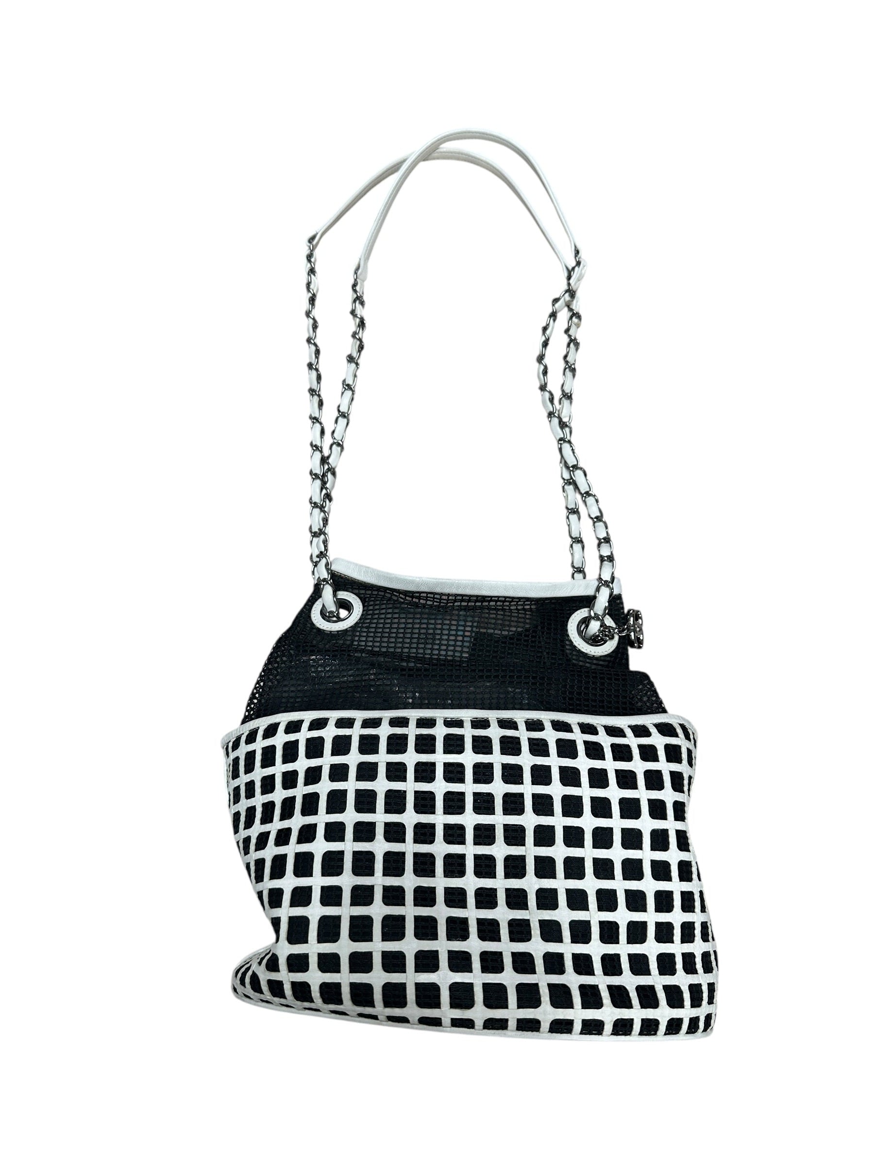 CHANEL Mesh and Leather Grid Bucket Bag Black White Silver Hardware | Authentic Pre-Owned Luxury