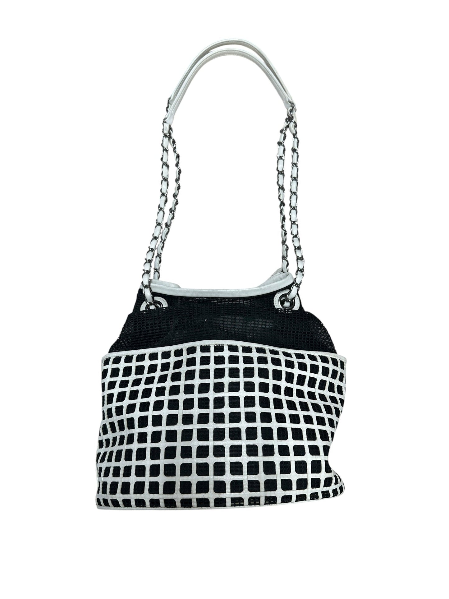CHANEL Mesh and Leather Grid Bucket Bag Black White Silver Hardware | Authentic Pre-Owned Luxury