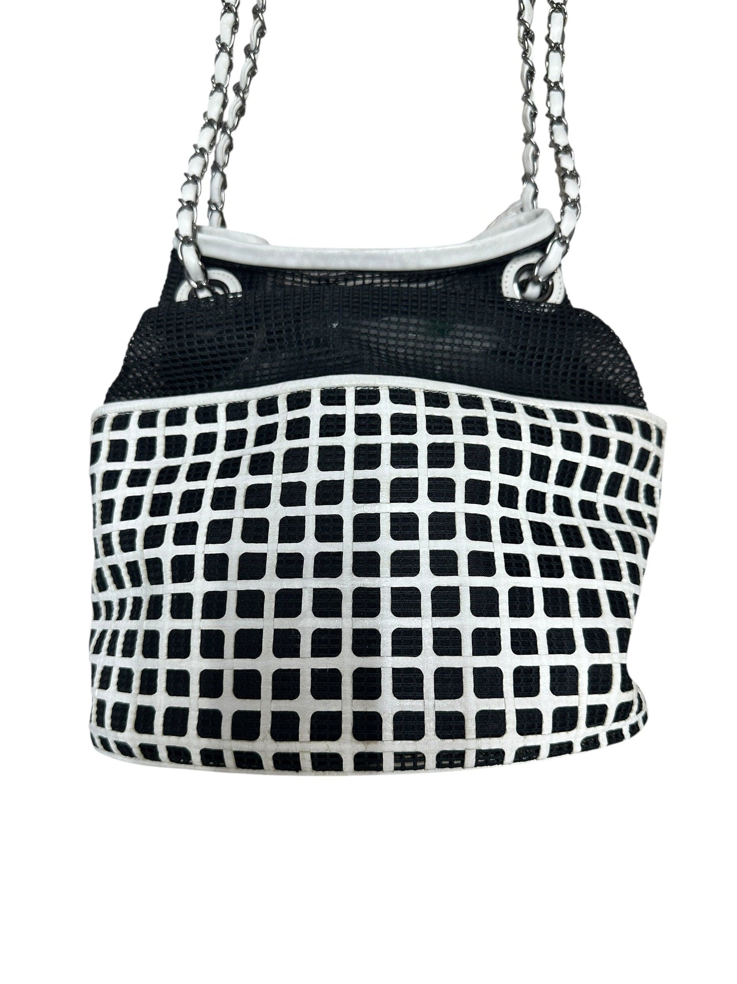 CHANEL Mesh and Leather Grid Bucket Bag Black White Silver Hardware | Authentic Pre-Owned Luxury