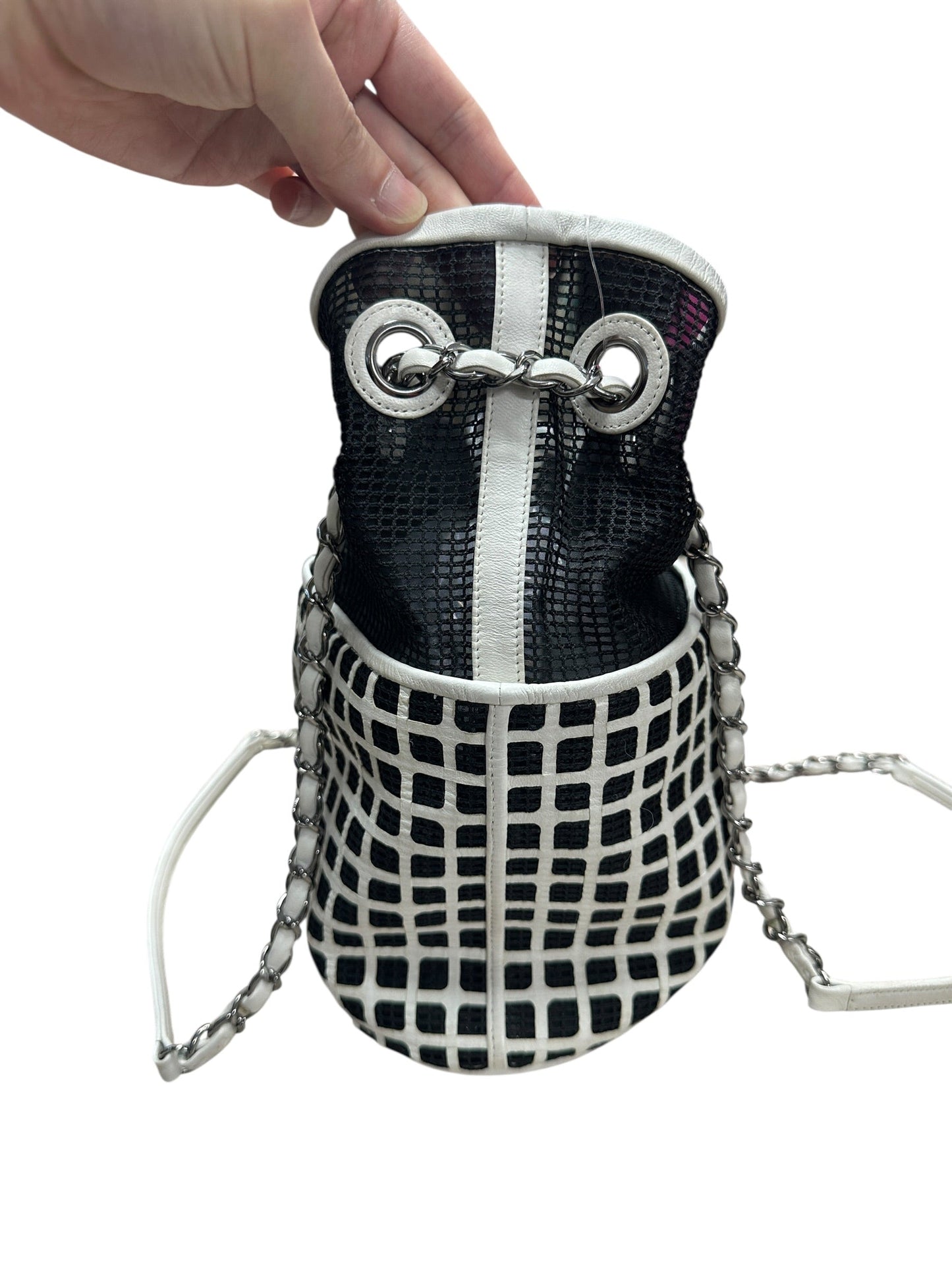 CHANEL Mesh and Leather Grid Bucket Bag Black White Silver Hardware | Authentic Pre-Owned Luxury