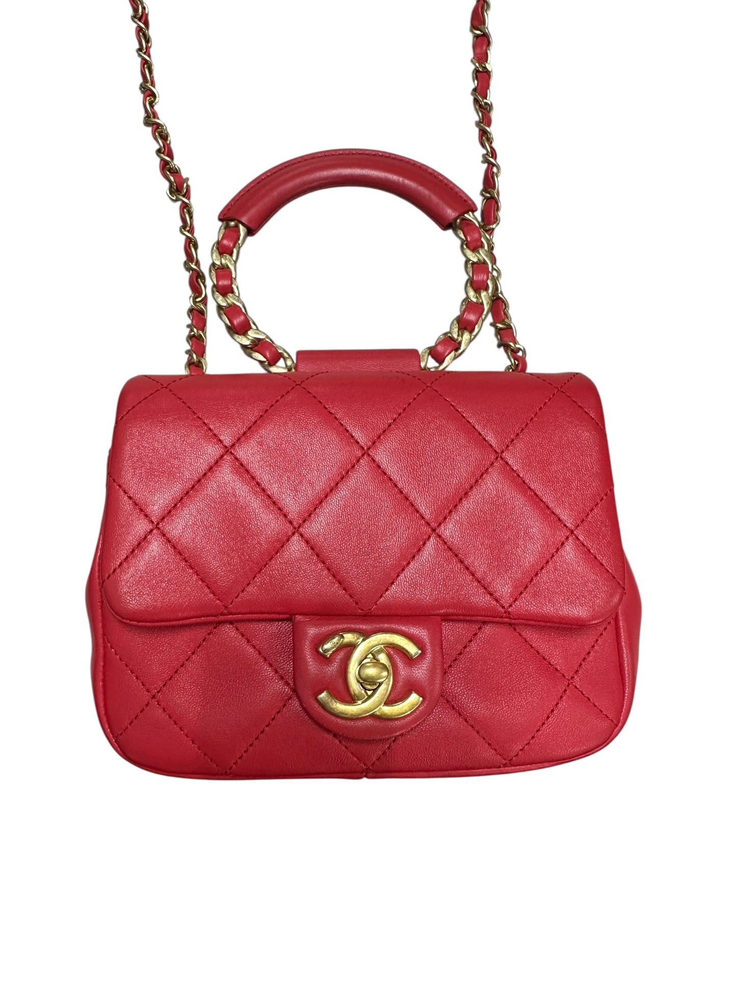 CHANEL Quilted Top Handle Flap Bag Red Lambskin Gold Hardware | Authentic Pre-Owned Luxury