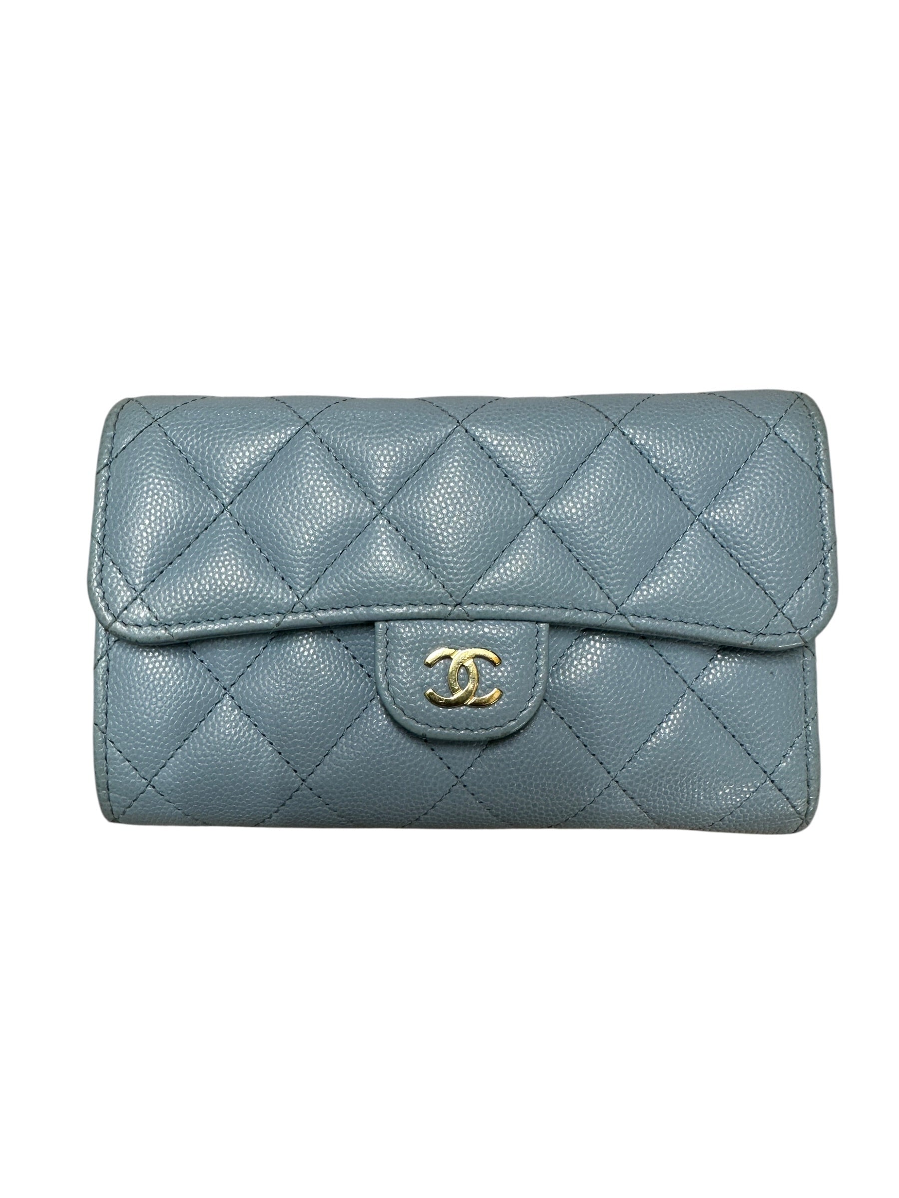 CHANEL Classic Quilted Long Flap Wallet Light Blue Caviar Leather Gold Hardware | Authentic Pre-Owned Luxury