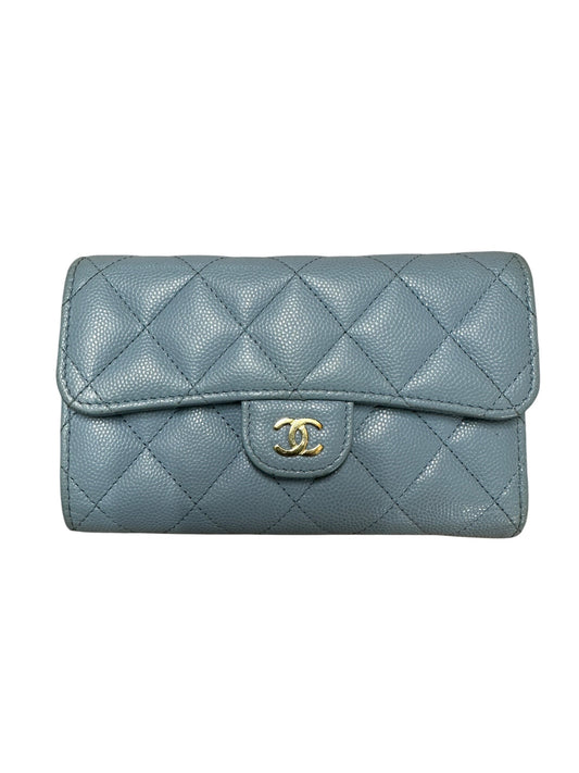 CHANEL Classic Quilted Long Flap Wallet Light Blue Caviar Leather Gold Hardware | Authentic Pre-Owned Luxury