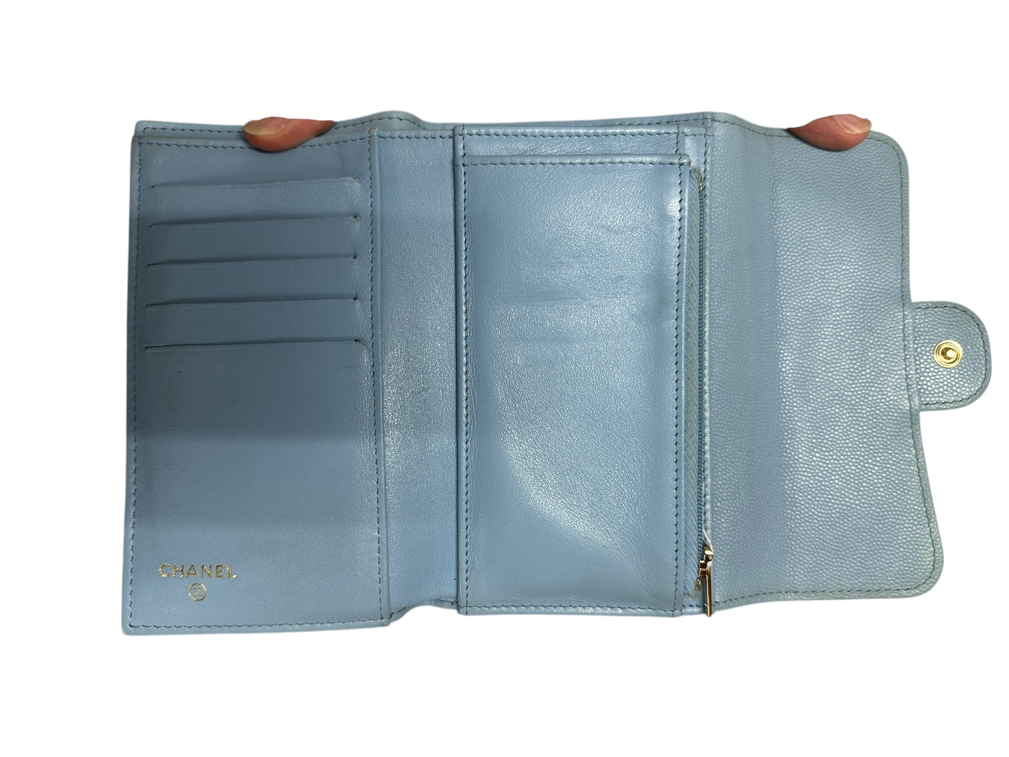 CHANEL Classic Quilted Long Flap Wallet Light Blue Caviar Leather Gold Hardware | Authentic Pre-Owned Luxury