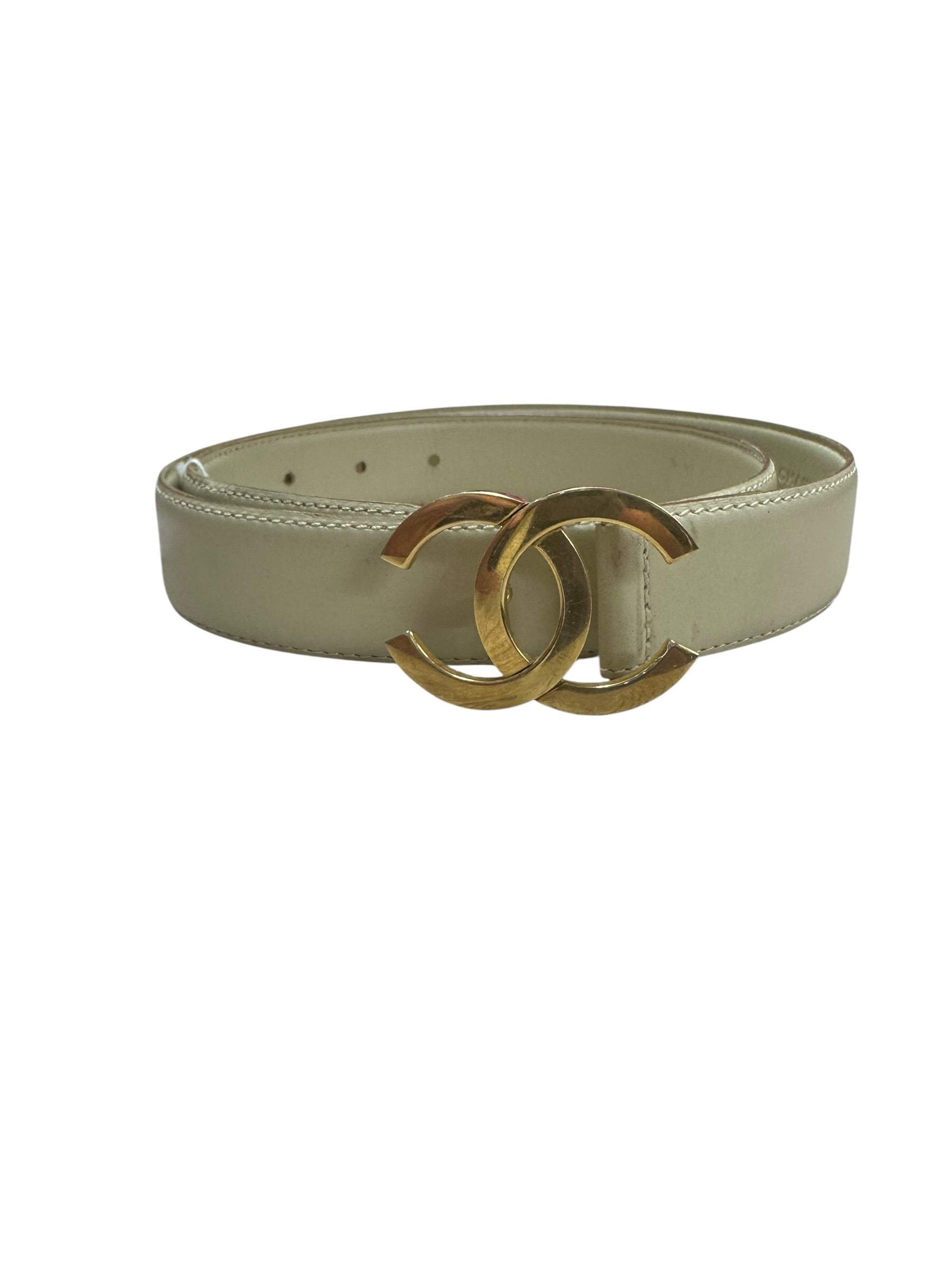 CHANEL CC Logo Buckle Calf Leather Belt Cream Gold Hardware | Authentic Pre-Owned Luxury
