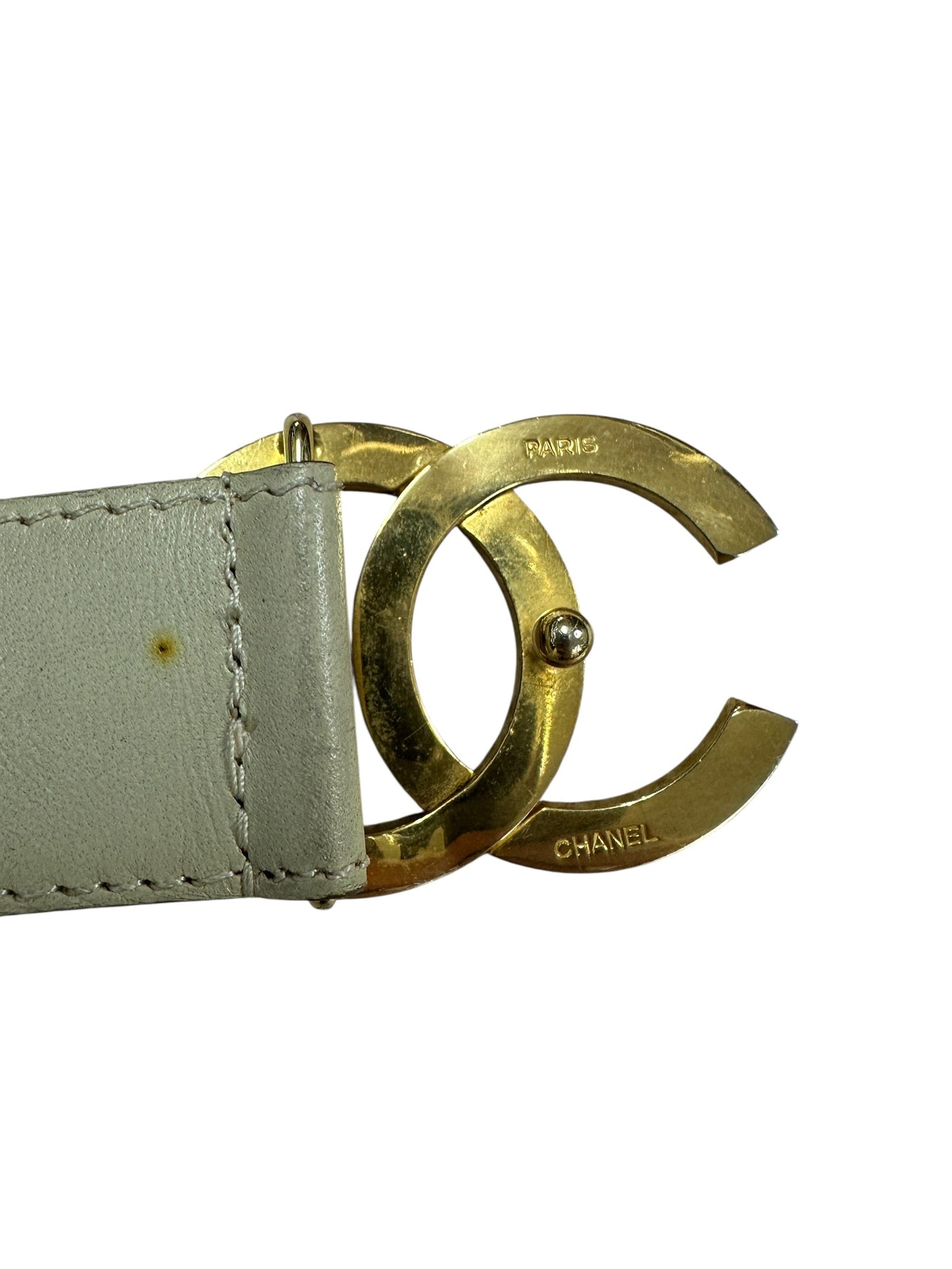 CHANEL CC Logo Buckle Calf Leather Belt Cream Gold Hardware | Authentic Pre-Owned Luxury