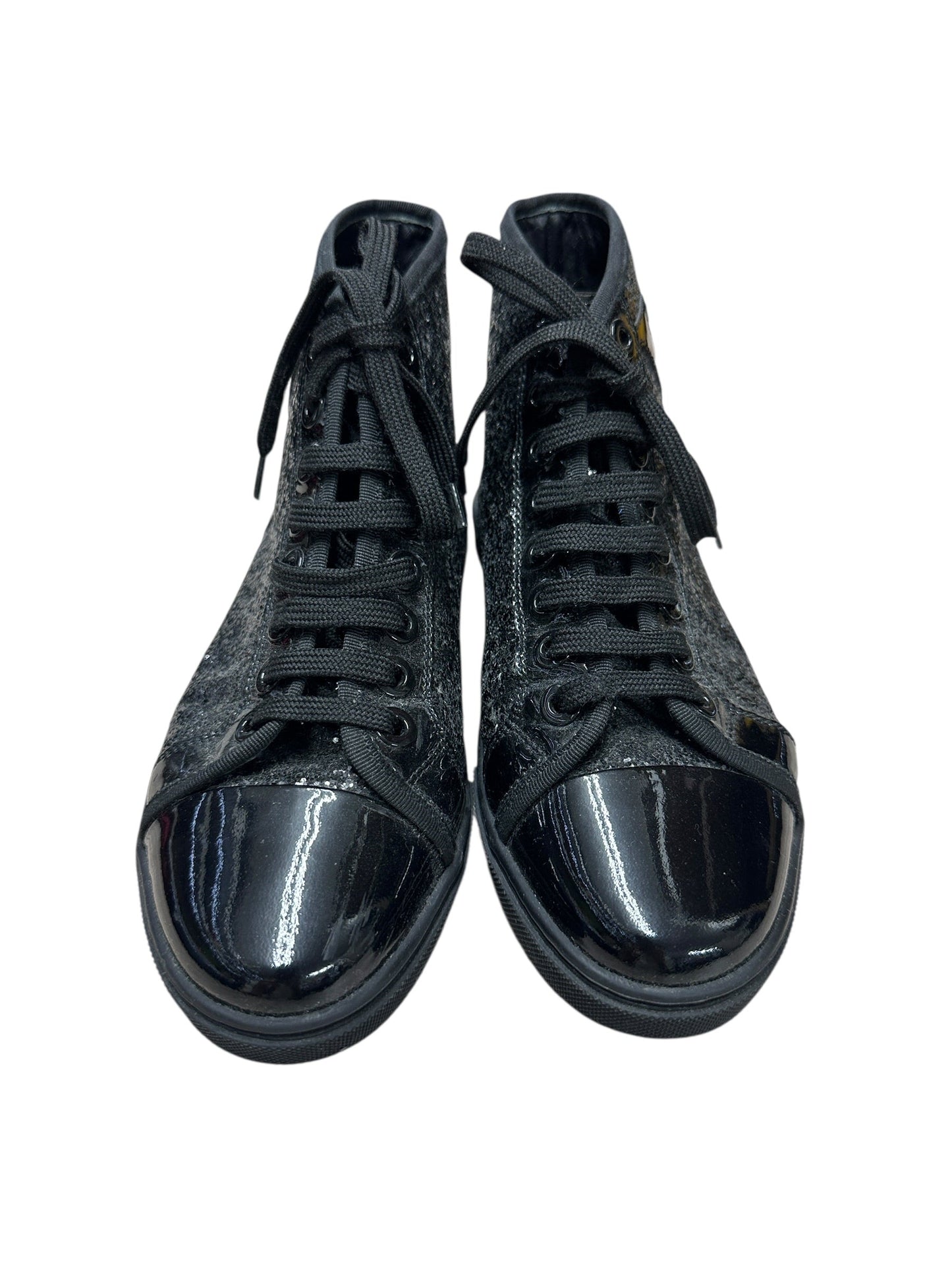 LOUIS VUITTON Sequined Fabric Sneaker Boot High-Top Sneakers Black Silver Hardware | Authentic Pre-Owned Luxury