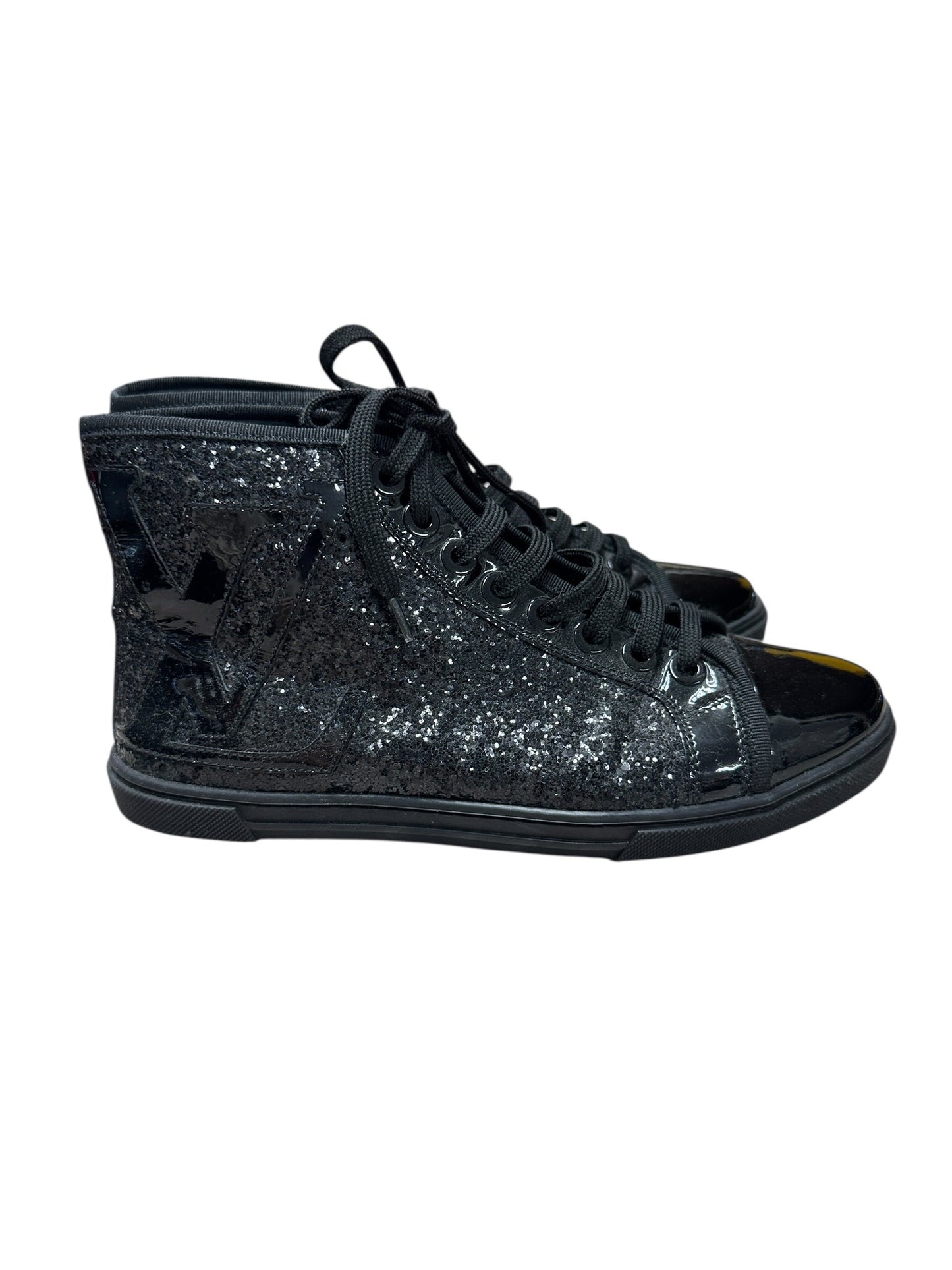 LOUIS VUITTON Sequined Fabric Sneaker Boot High-Top Sneakers Black Silver Hardware | Authentic Pre-Owned Luxury