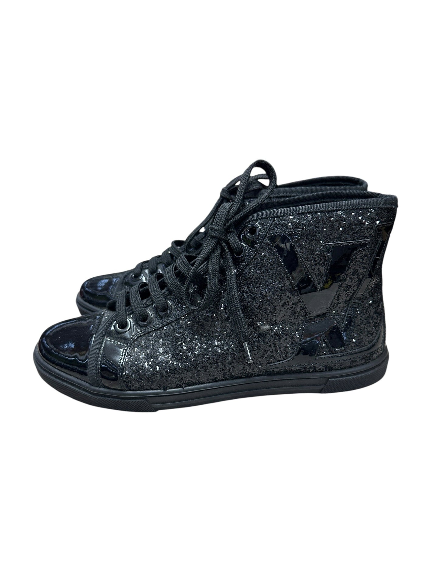 LOUIS VUITTON Sequined Fabric Sneaker Boot High-Top Sneakers Black Silver Hardware | Authentic Pre-Owned Luxury