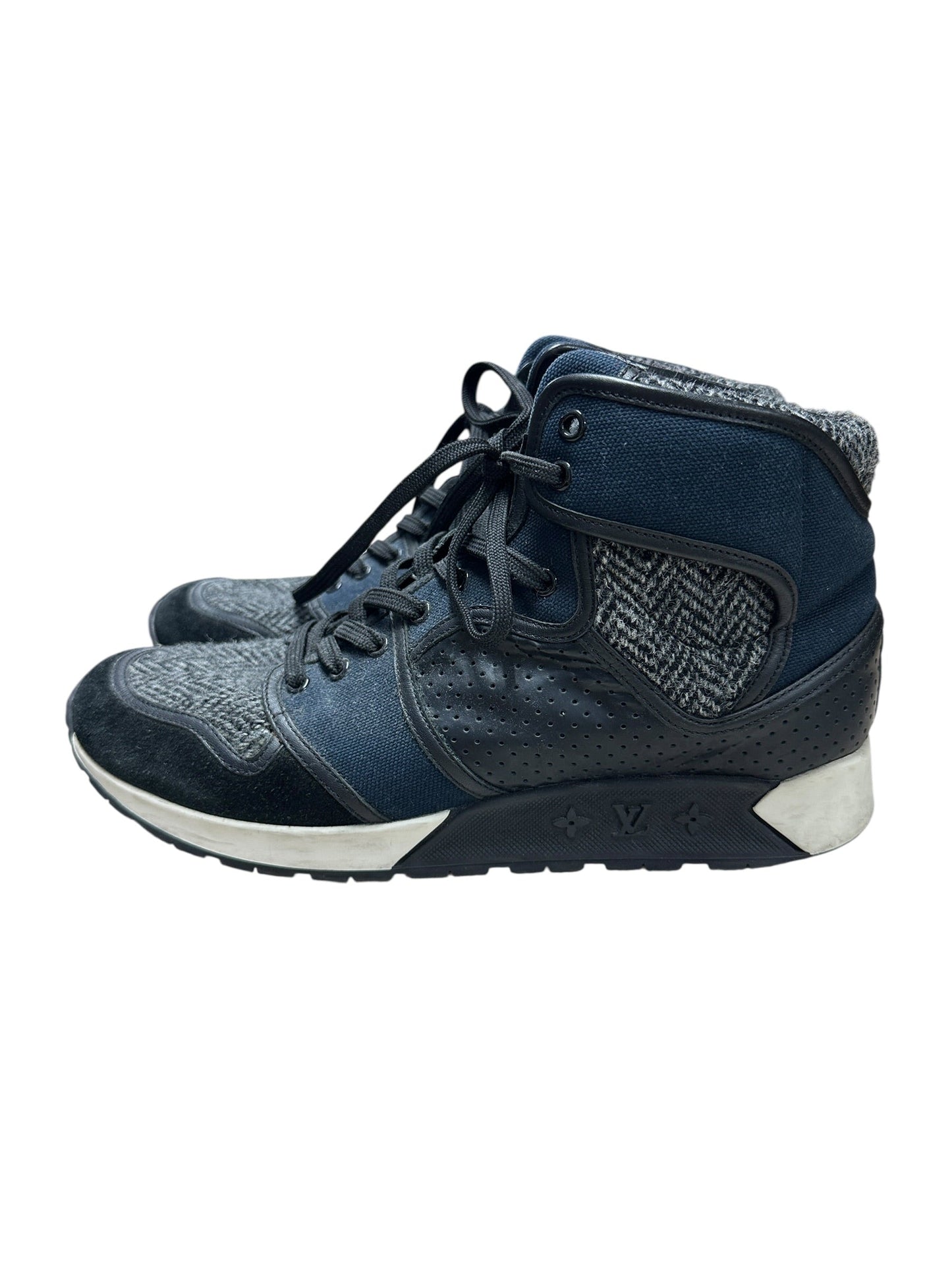 LOUIS VUITTON Mixed Materials Run Away Sneakers Navy Blue Silver Hardware | Authentic Pre-Owned Luxury