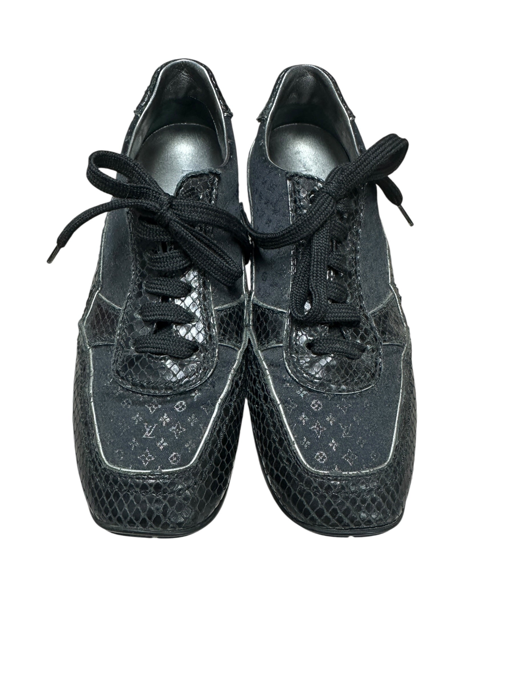 LOUIS VUITTON Monogram Denim LV Trainer Sneaker Black Silver Hardware | Authentic Pre-Owned Luxury