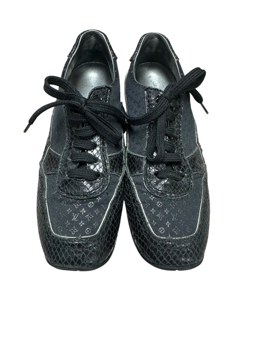 LOUIS VUITTON Monogram Denim LV Trainer Sneaker Black Silver Hardware | Authentic Pre-Owned Luxury