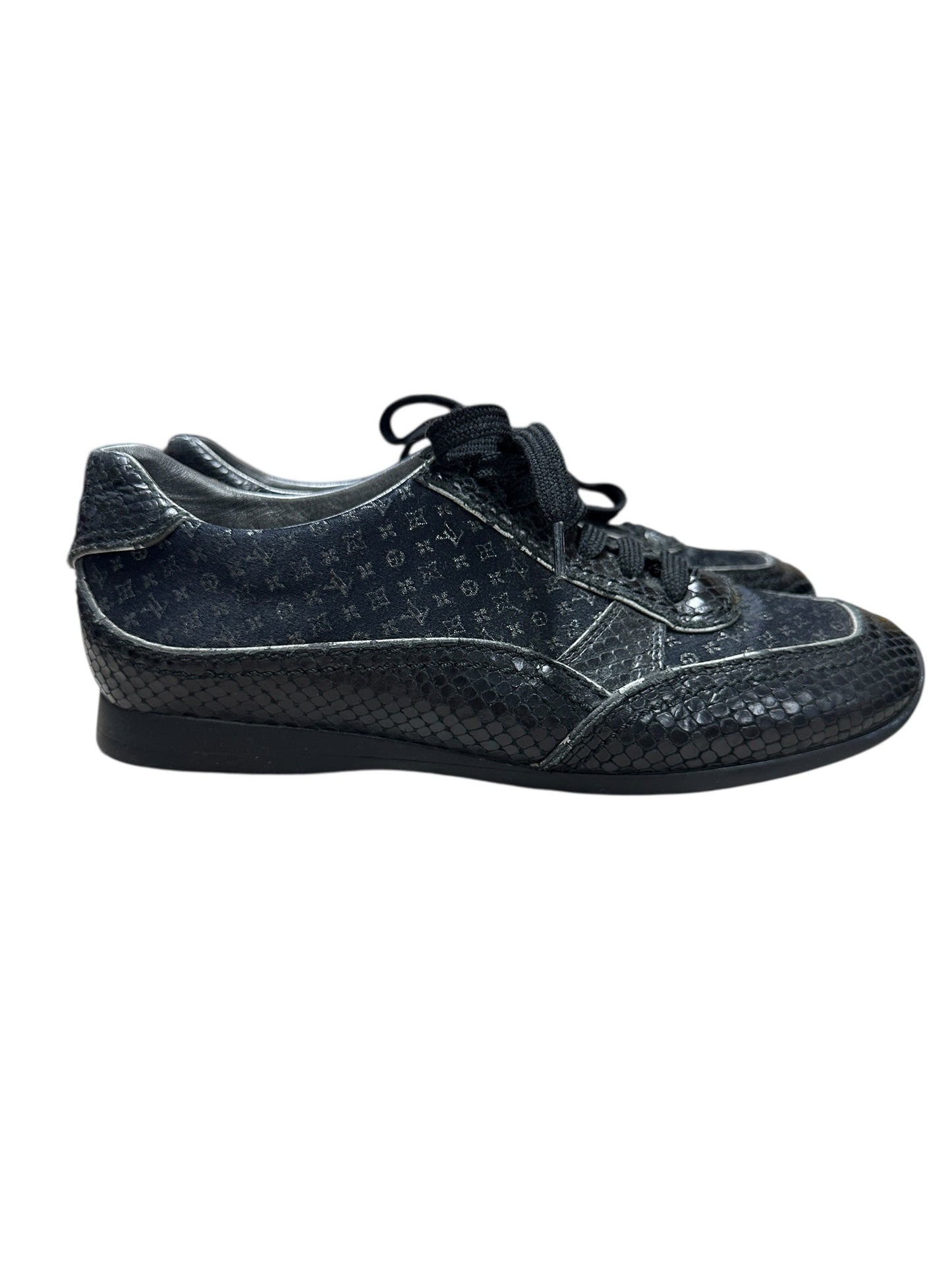 LOUIS VUITTON Monogram Denim LV Trainer Sneaker Black Silver Hardware | Authentic Pre-Owned Luxury