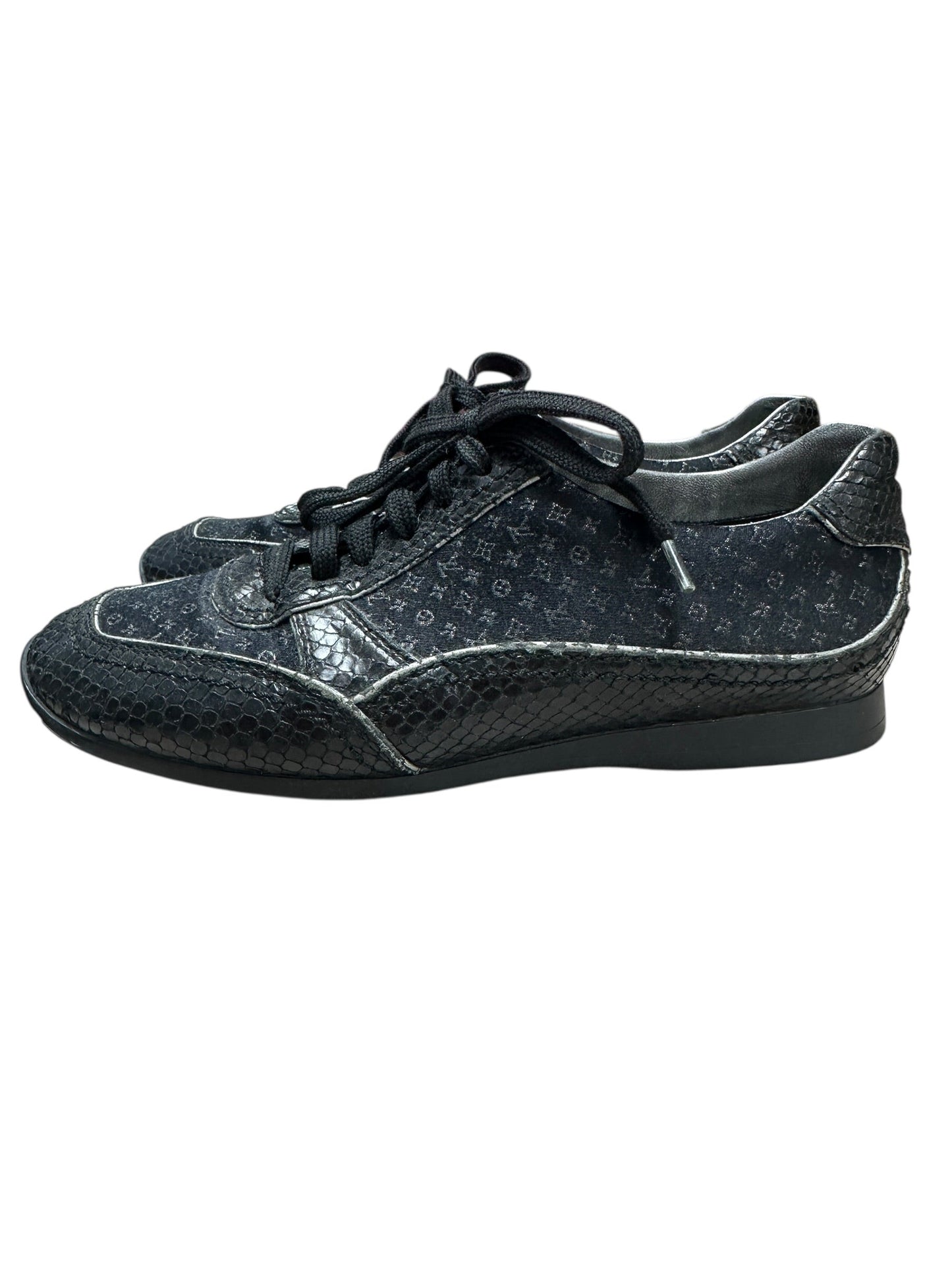 LOUIS VUITTON Monogram Denim LV Trainer Sneaker Black Silver Hardware | Authentic Pre-Owned Luxury