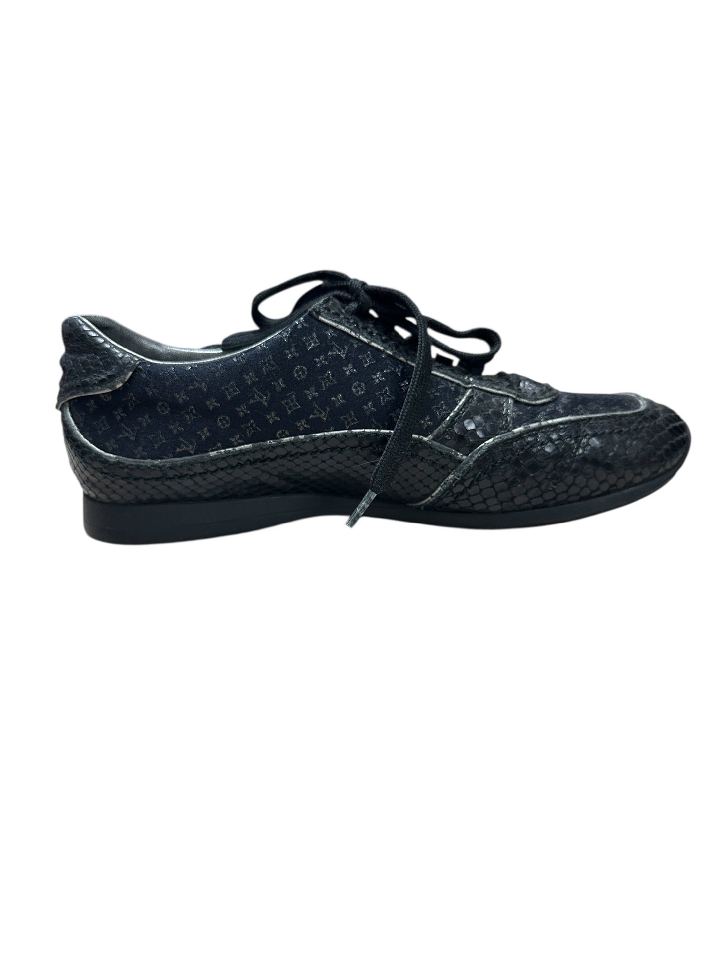 LOUIS VUITTON Monogram Denim LV Trainer Sneaker Black Silver Hardware | Authentic Pre-Owned Luxury