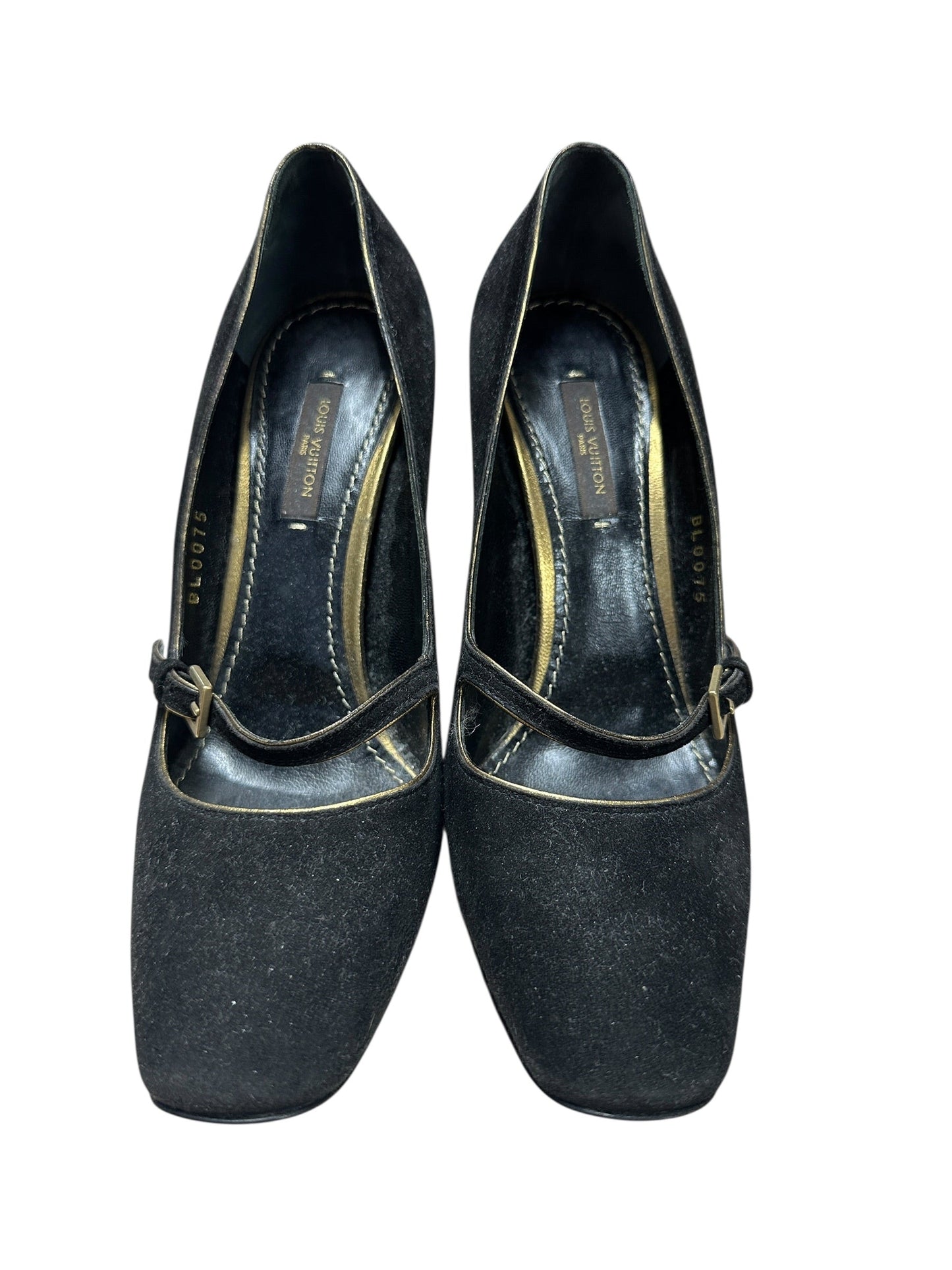 LOUIS VUITTON Suede High Heel Pumps Black Gold Hardware | Authentic Pre-Owned Luxury