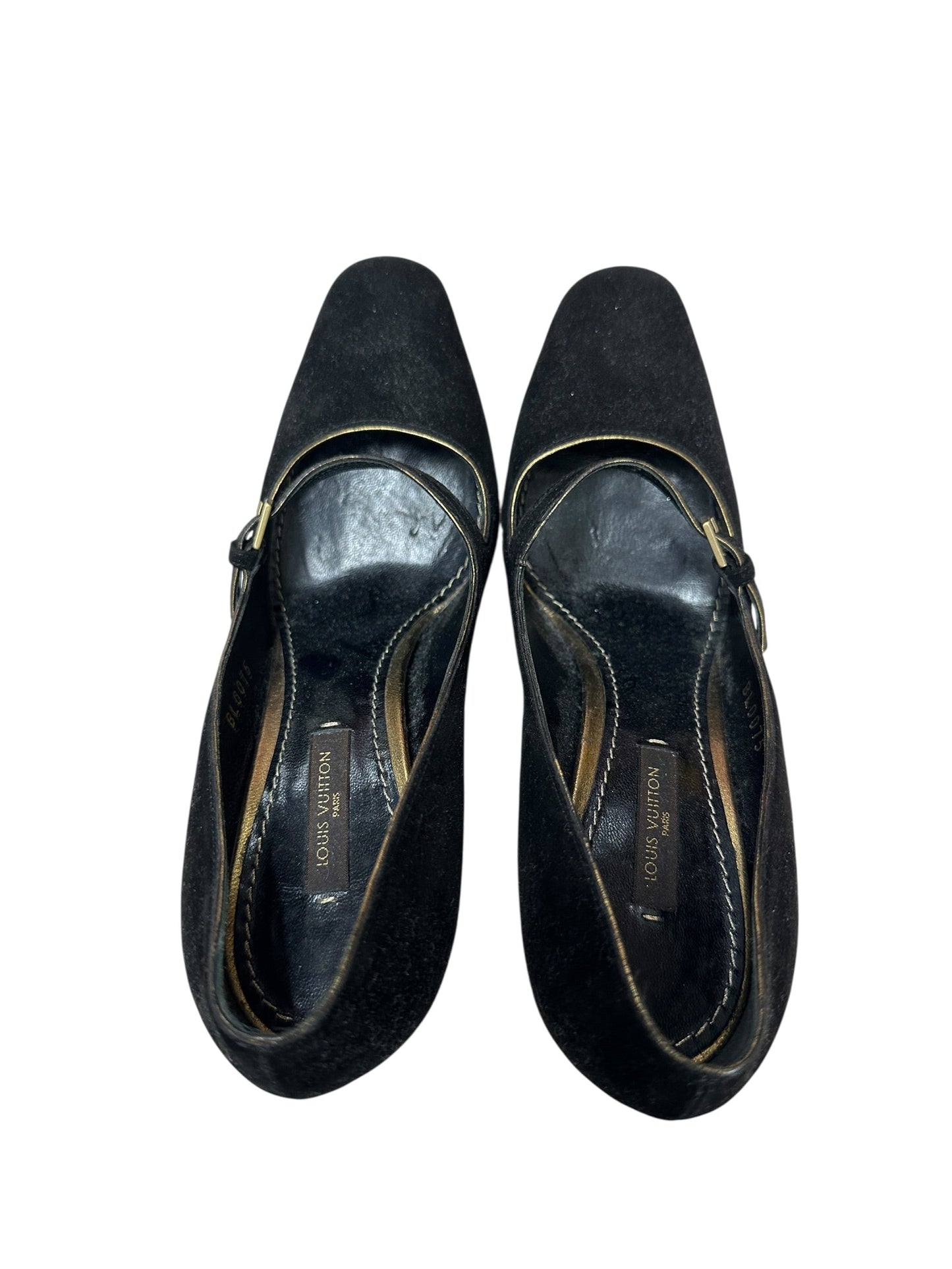 LOUIS VUITTON Suede High Heel Pumps Black Gold Hardware | Authentic Pre-Owned Luxury