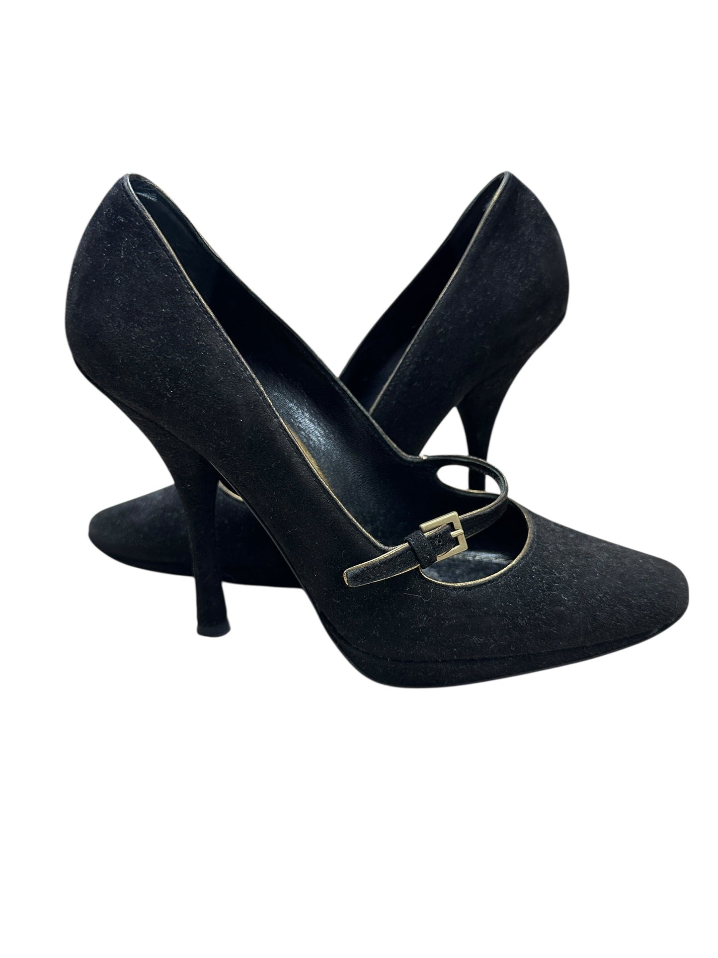 LOUIS VUITTON Suede High Heel Pumps Black Gold Hardware | Authentic Pre-Owned Luxury