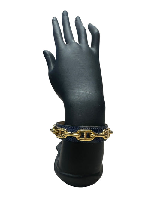 HERMES Hermès Chaine d'Ancre Exotic Leather Cuff Bracelet Bangle Navy / Gold | Authentic Pre-Owned Luxury