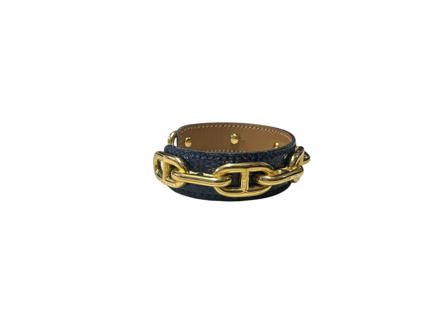 HERMES Hermès Chaine d'Ancre Exotic Leather Cuff Bracelet Bangle Navy / Gold | Authentic Pre-Owned Luxury