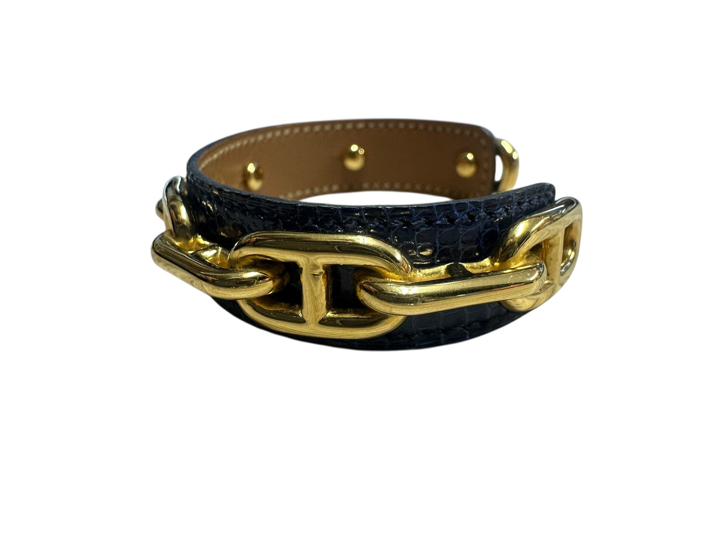 HERMES Hermès Chaine d'Ancre Exotic Leather Cuff Bracelet Bangle Navy / Gold | Authentic Pre-Owned Luxury