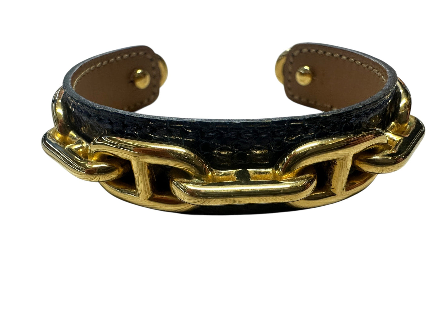 HERMES Hermès Chaine d'Ancre Exotic Leather Cuff Bracelet Bangle Navy / Gold | Authentic Pre-Owned Luxury