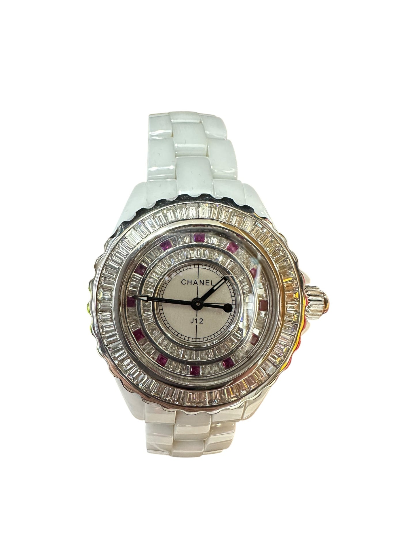 CHANEL J12 White Ceramic Quartz Watch with Baguette Stone Bezel & Dial | Authentic Pre-Owned Luxury