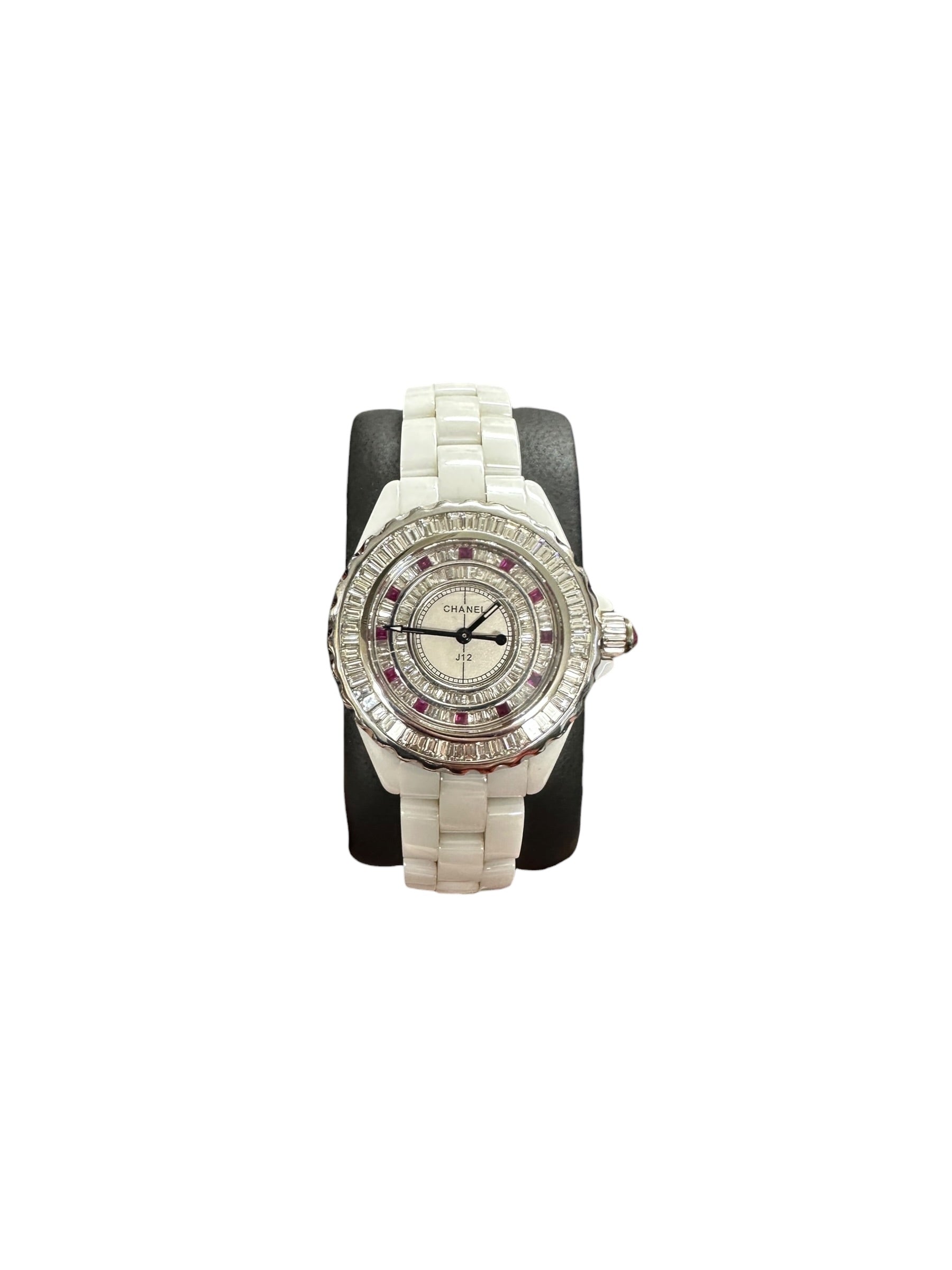 CHANEL J12 White Ceramic Quartz Watch with Baguette Stone Bezel & Dial | Authentic Pre-Owned Luxury